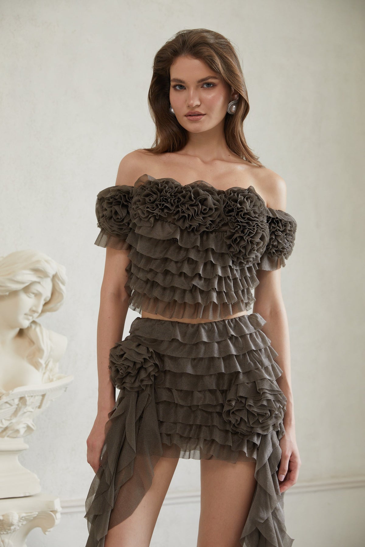 Eini Grey Ruffled Tulle Top & Skirt Set
