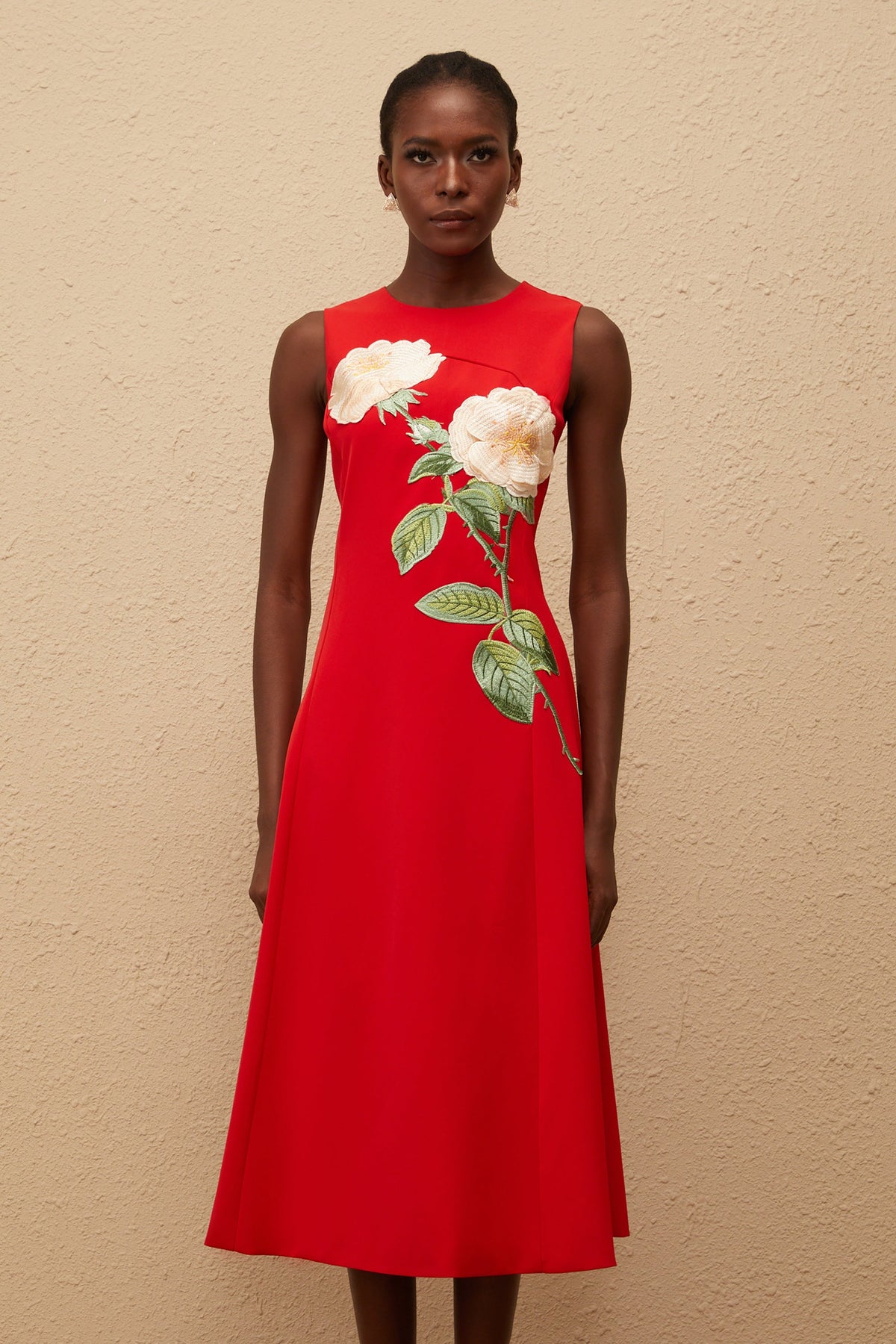 Mackenzie Red Floral Embroidered Midi Dress