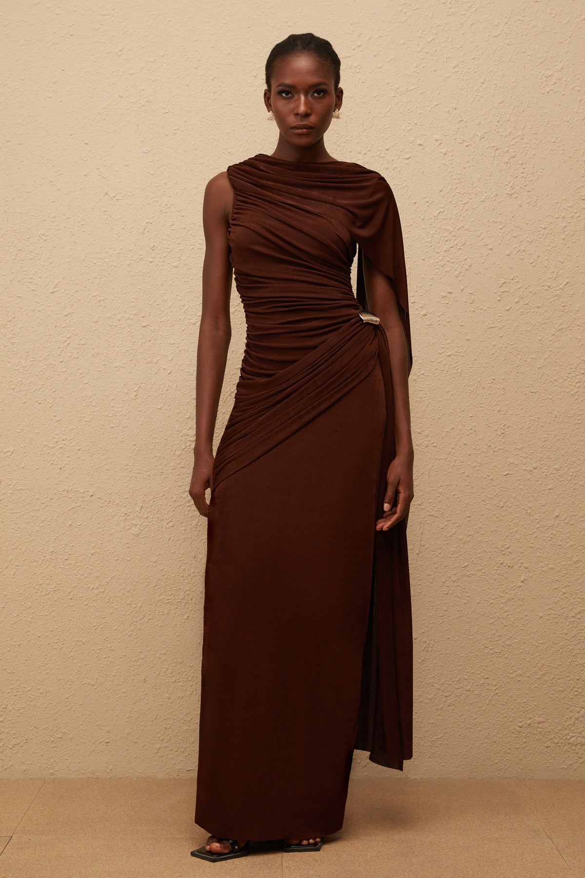 Paloma Brown Sleeveless Asymmetrical Ruched Knit Maxi Dress