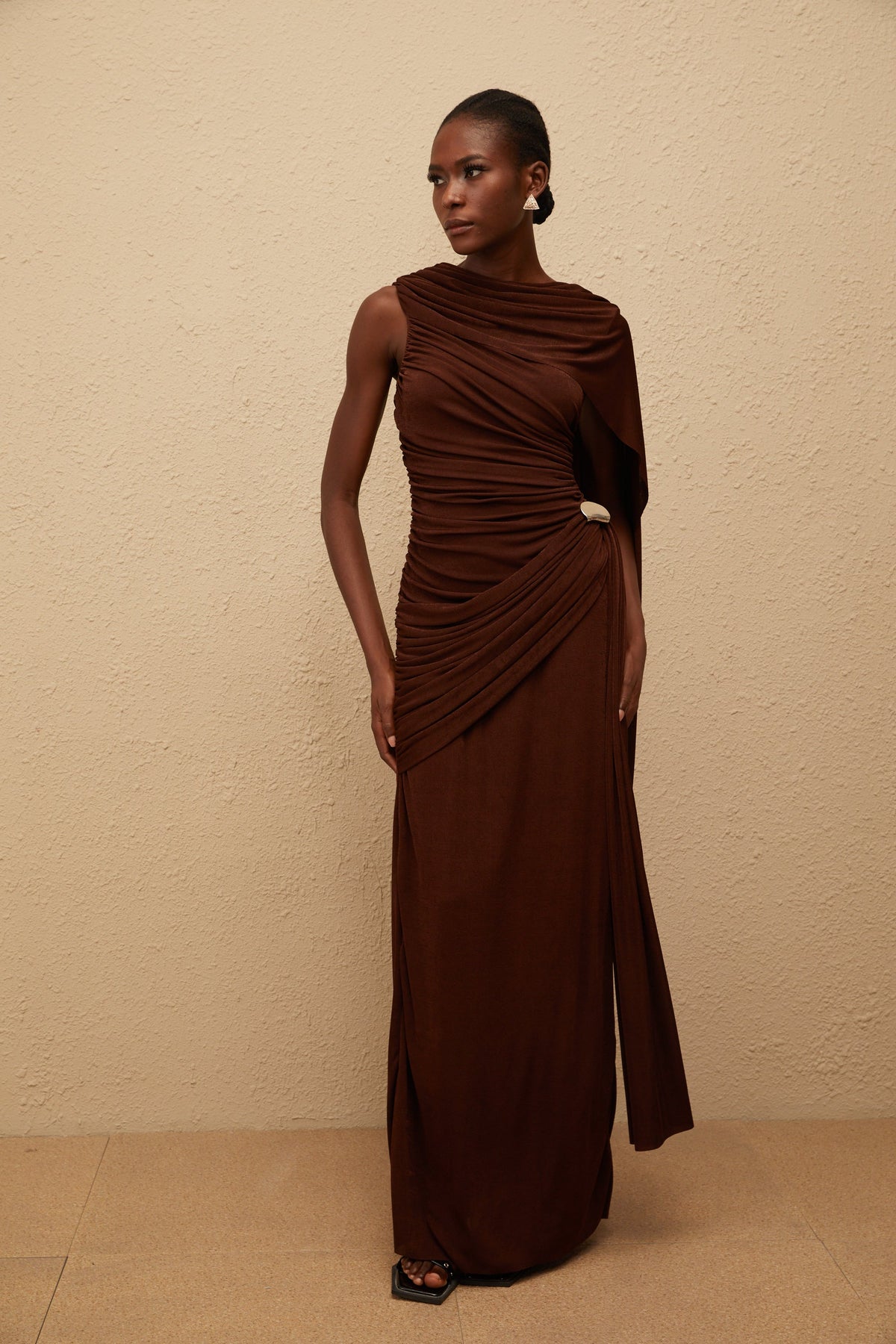 Paloma Brown Sleeveless Asymmetrical Ruched Knit Maxi Dress