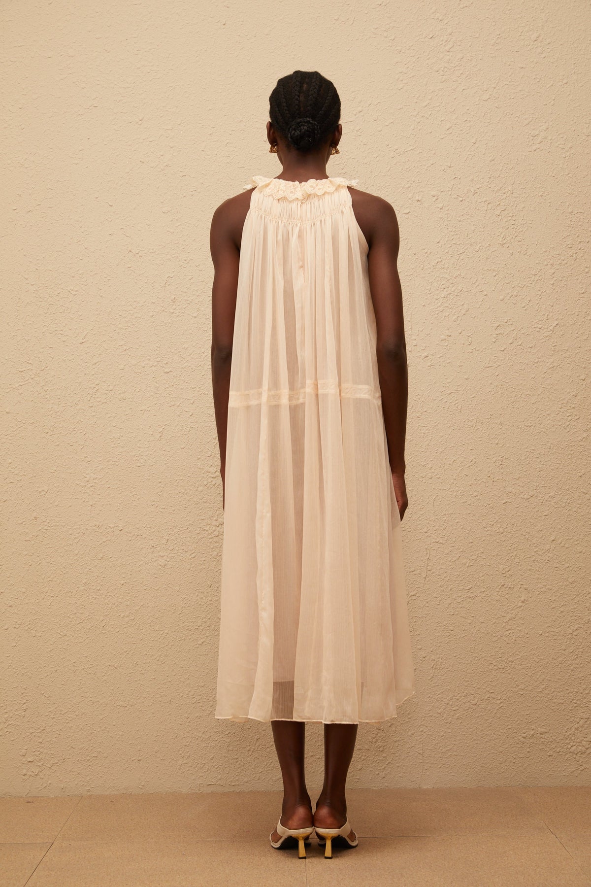 Orélie Neutral Pleated Chiffon Midi Dress