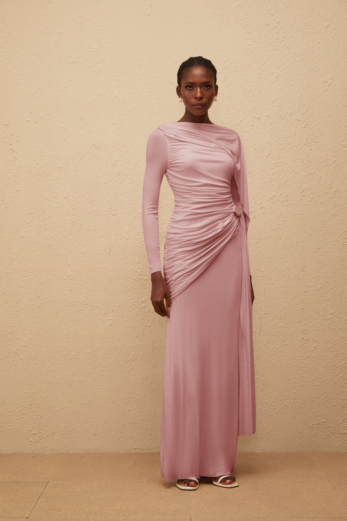 Paloma Pink Asymmetrical Ruched Knit Maxi Dress (Final Sale-US Only)
