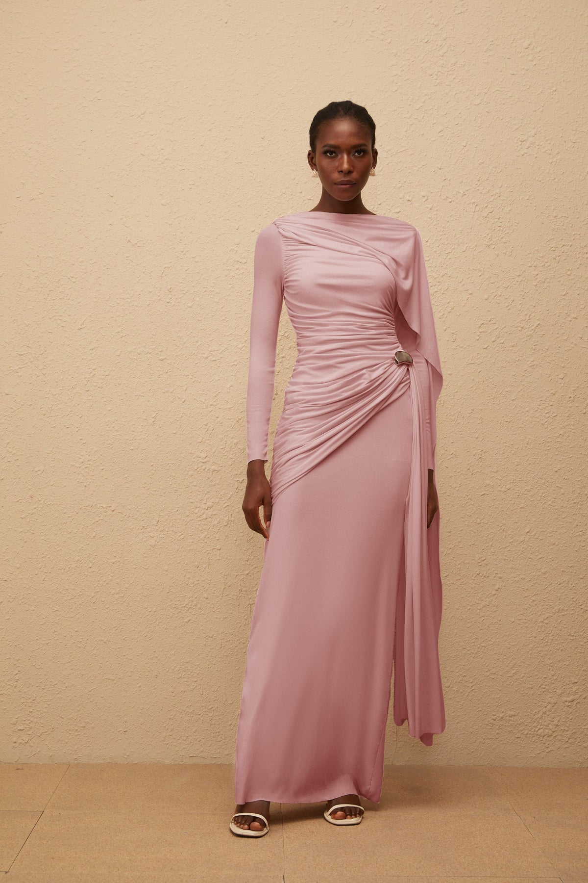 Paloma Pink Asymmetrical Ruched Knit Maxi Dress (Final Sale-US Only)