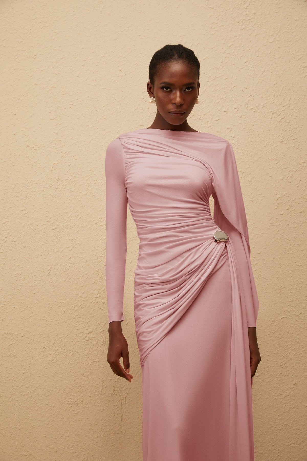 Paloma Pink Asymmetrical Ruched Knit Maxi Dress (Final Sale-US Only)