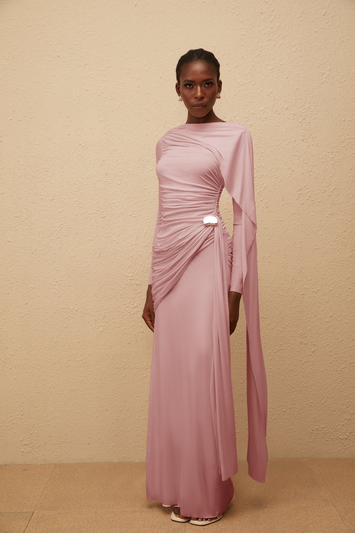 Paloma Pink Asymmetrical Ruched Knit Maxi Dress (Final Sale-US Only)
