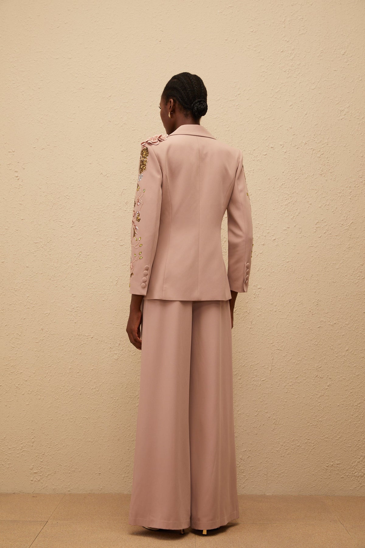 Morgane Dusty Pink Sequined Floral Blazer & Trousers Set