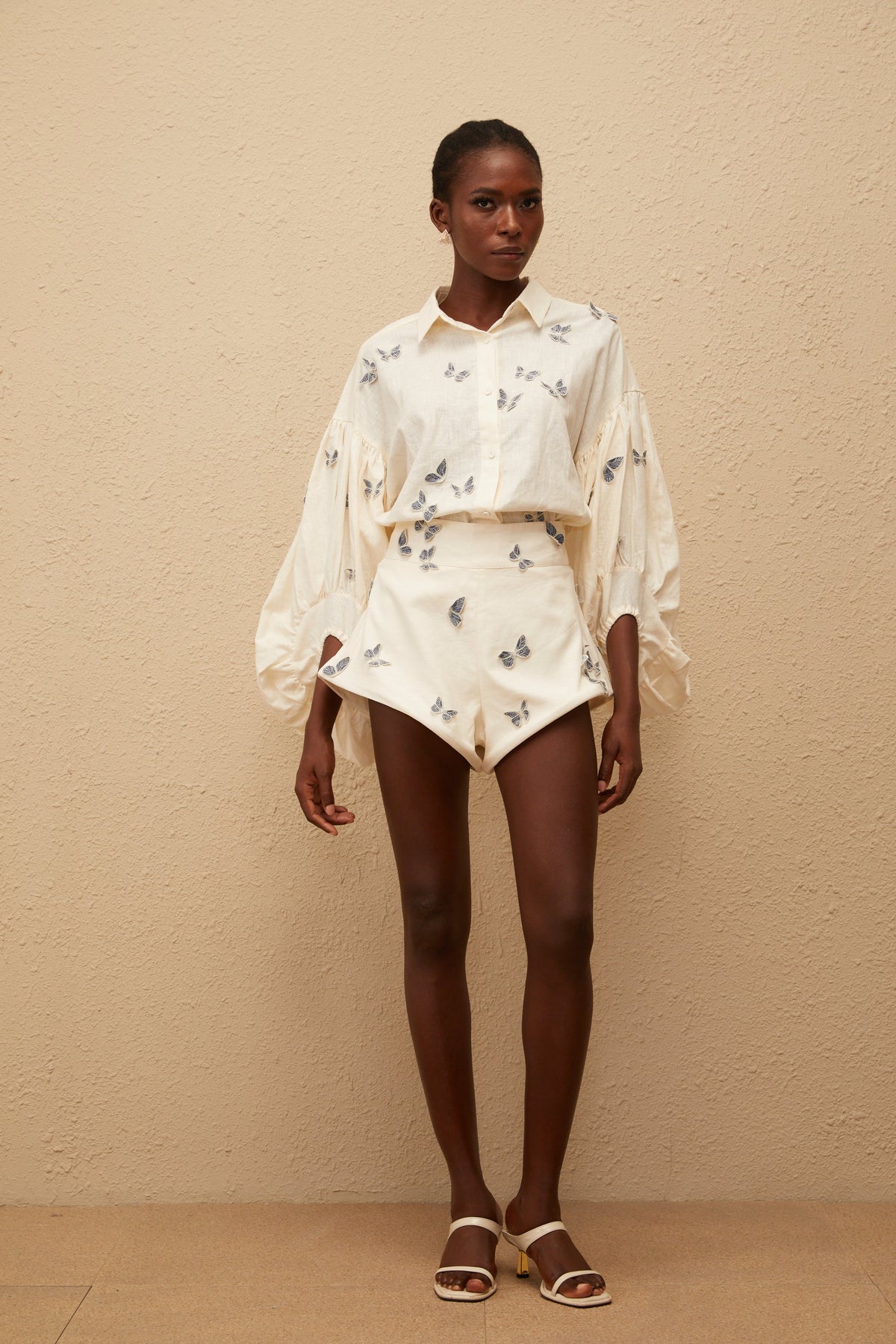 Ophélie White Butterfly Embroidered Shirt & Shorts Set