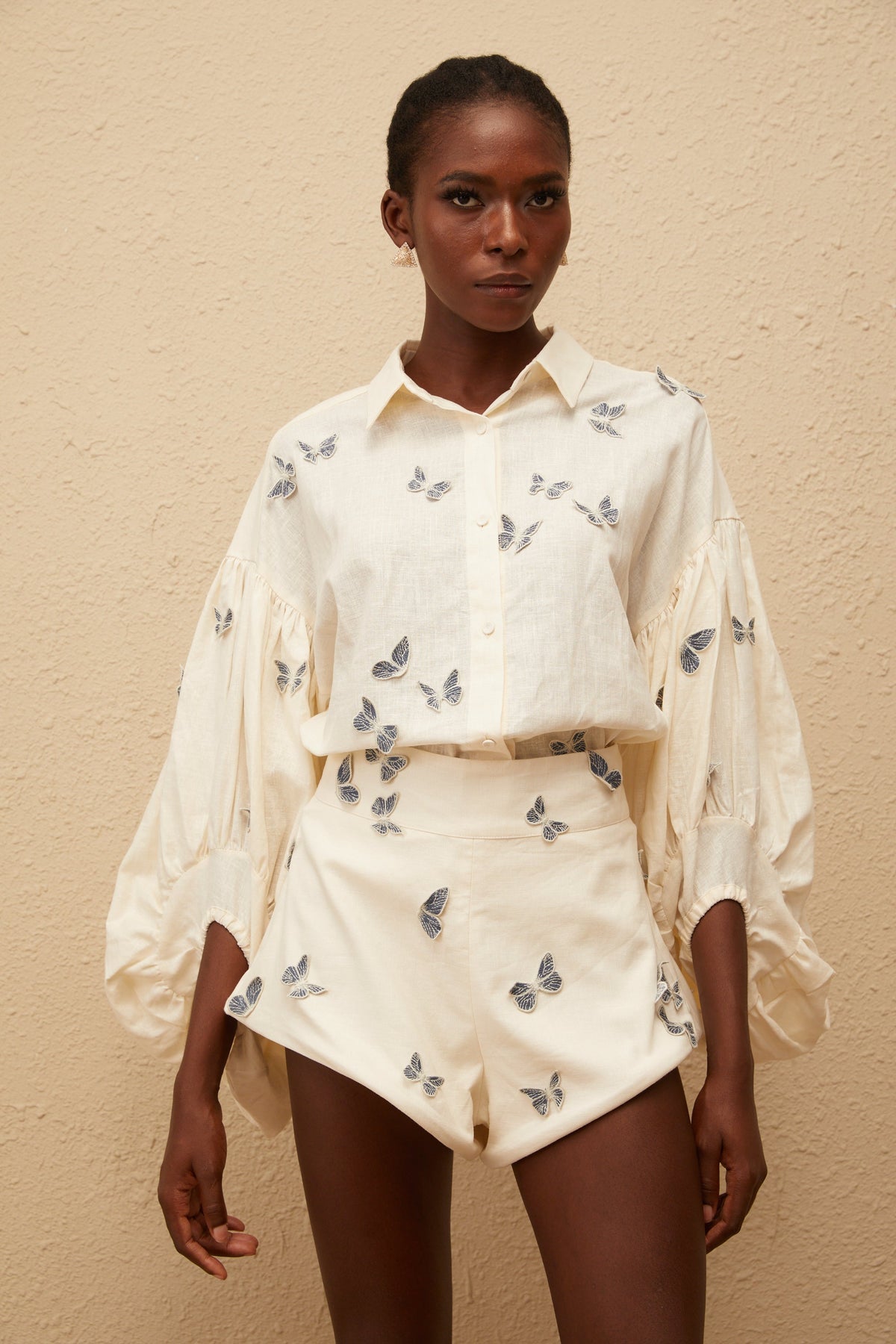 Ophélie White Butterfly Embroidered Shirt & Shorts Set