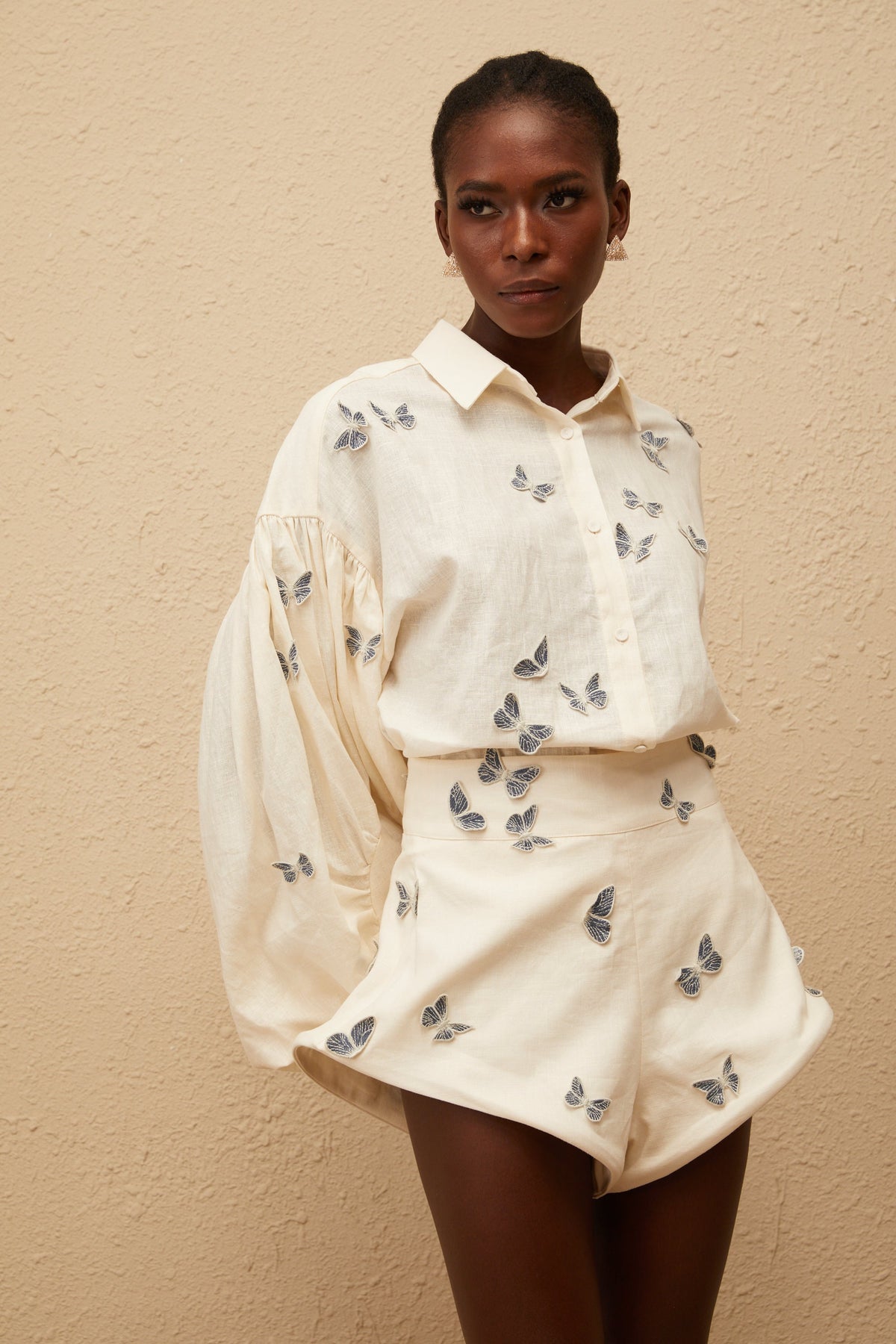 Ophélie White Butterfly Embroidered Shirt & Shorts Set