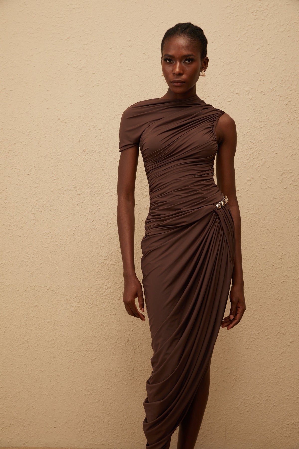 Prune Brown Night Out Asymmetrical Ruched Midi Dress (Final Sale-US Only)