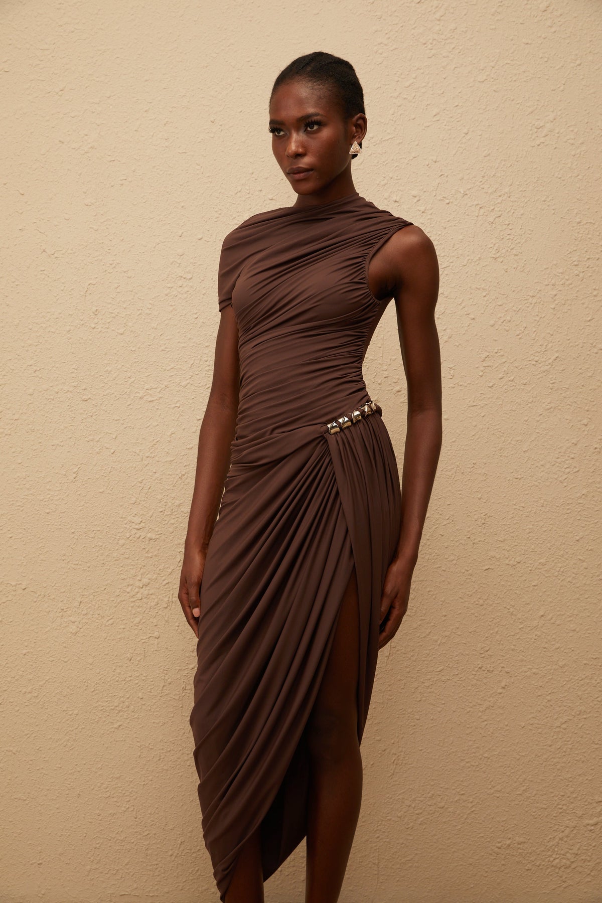 Prune Brown Night Out Asymmetrical Ruched Midi Dress