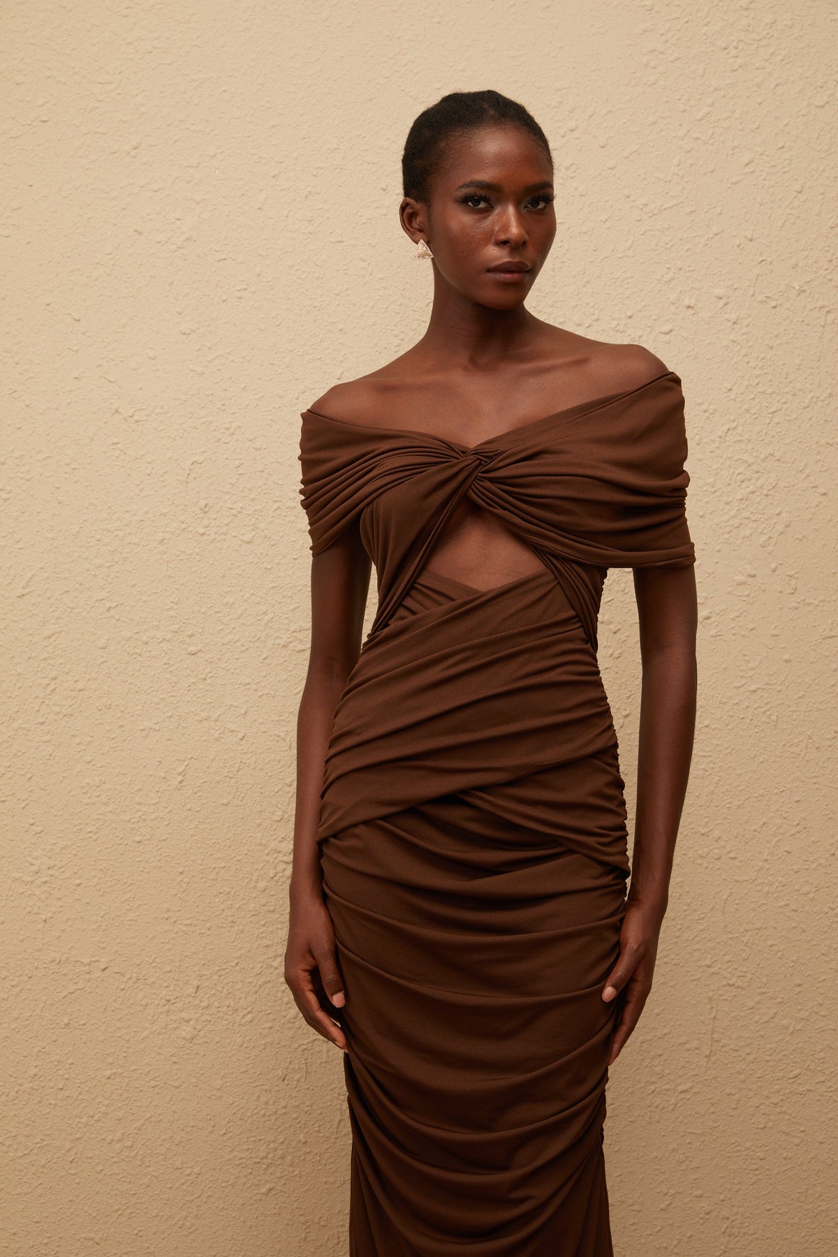 Liliane Brown Ruched Knit Maxi Dress