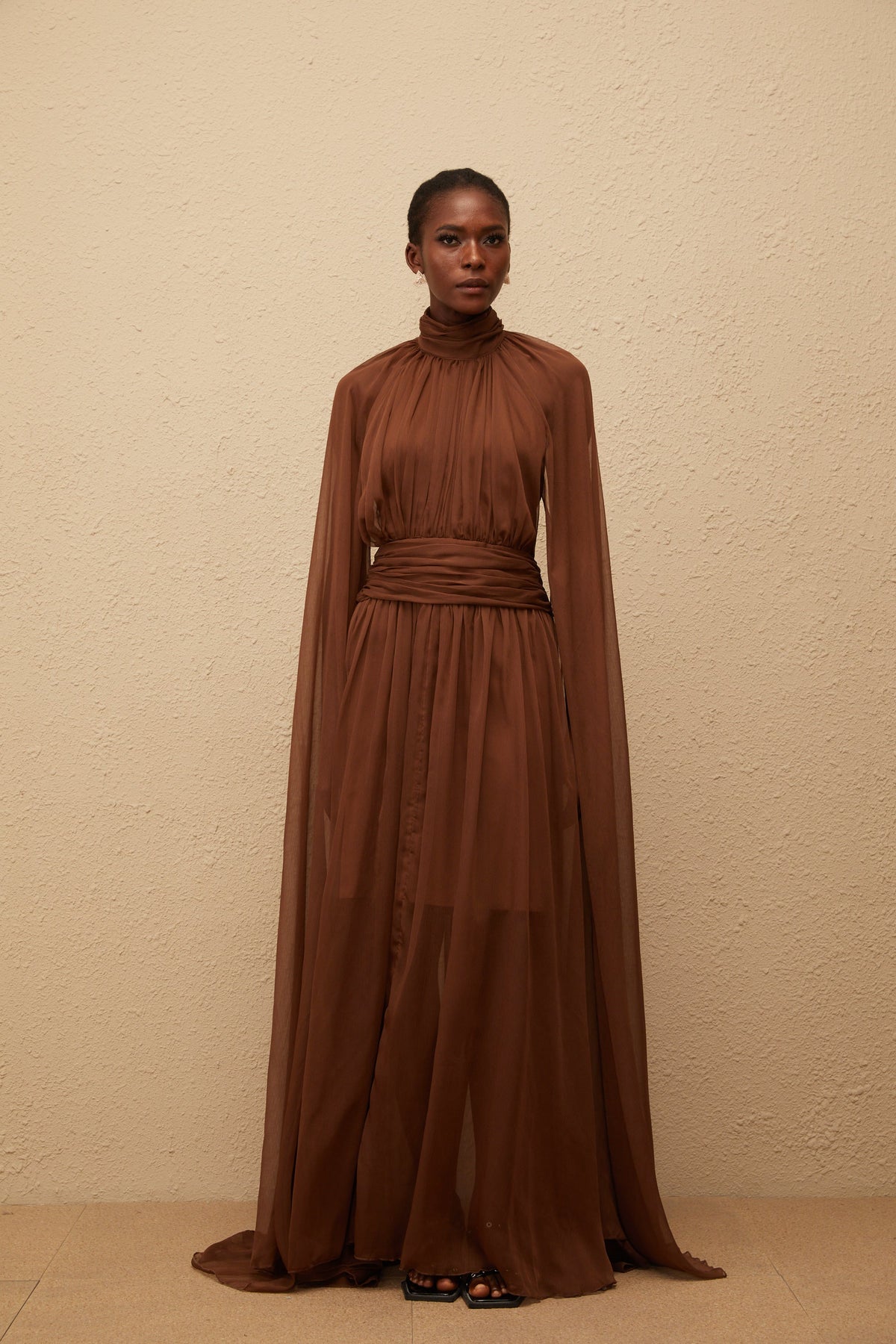 Coralie Brown Cape Design Pleated Tulle Gown