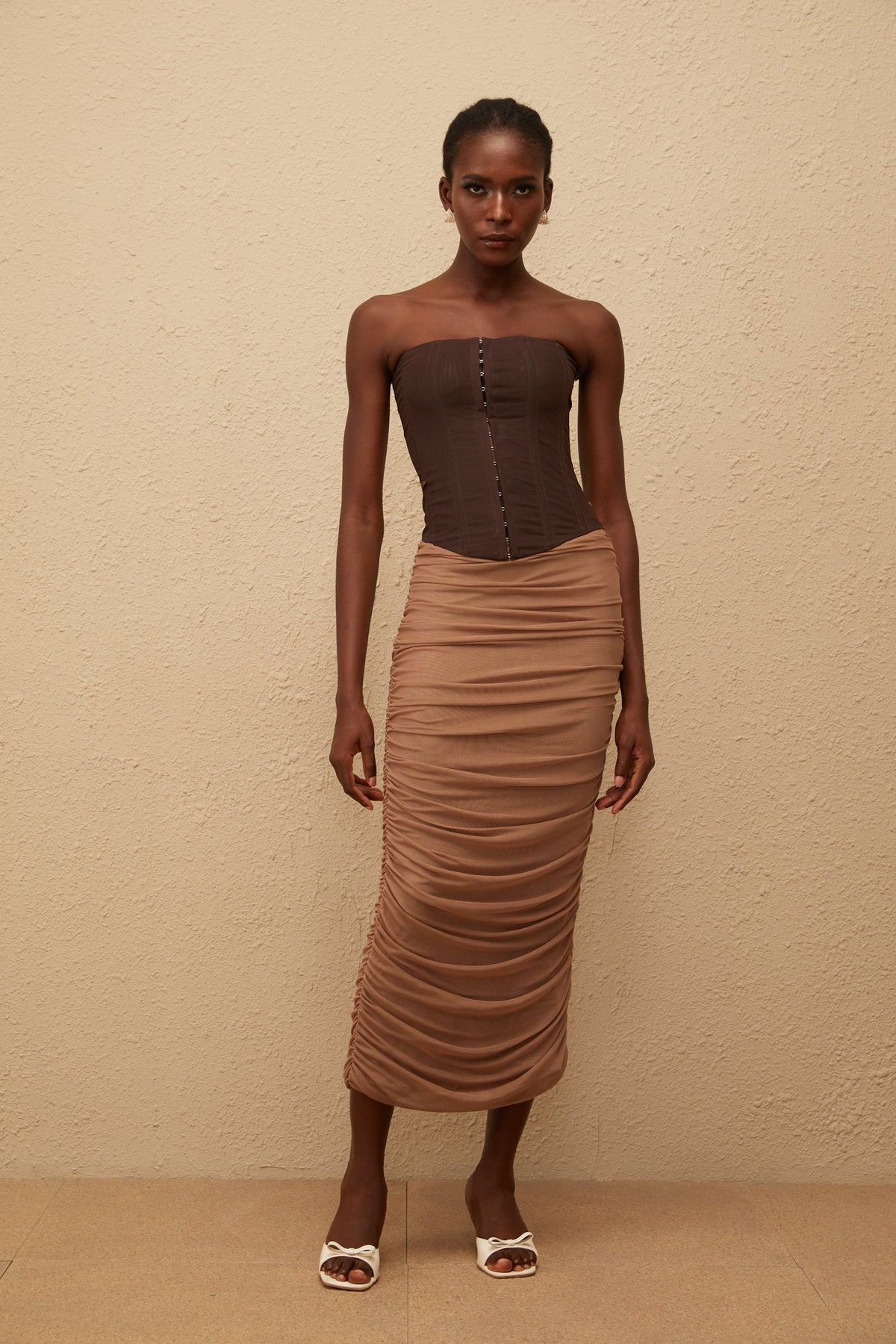 Paisley Brown Panelled Draped Mesh Midi Dress