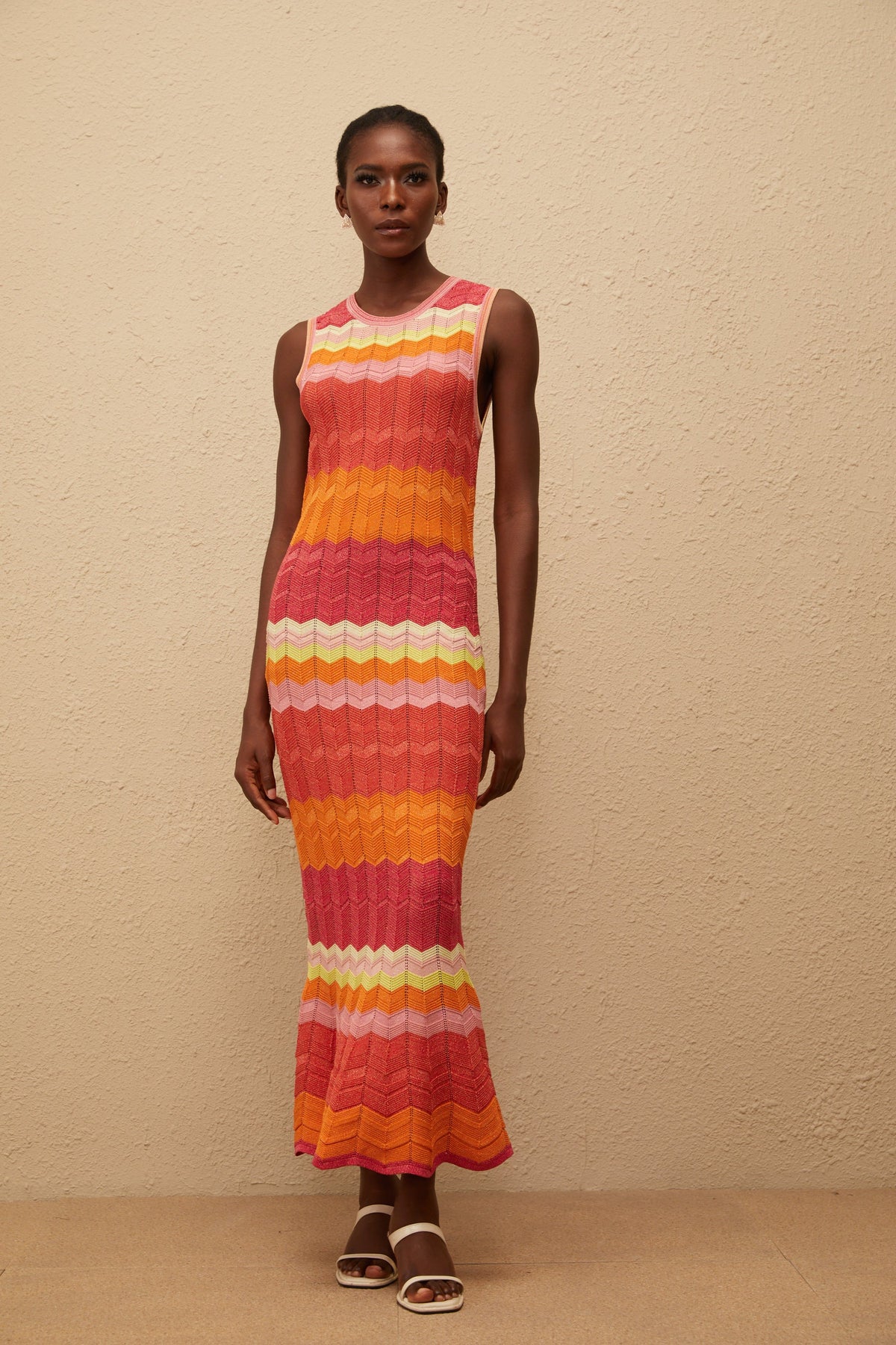 Nadège Coral Pink Wavy Knit Maxi Dress