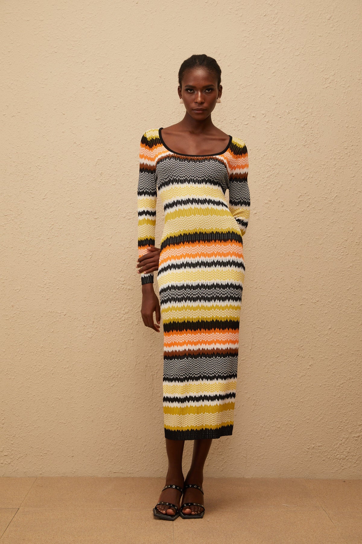 Frédérique Yellow Zigzag Woven Knit Midi Dress