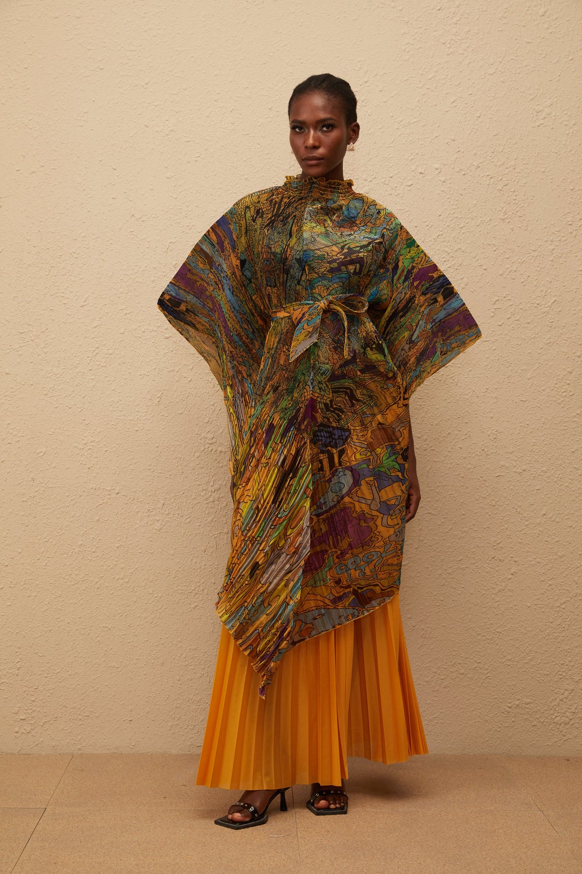 Mélodie Orange Pattern Print Pleated Blouse & Trousers Set
