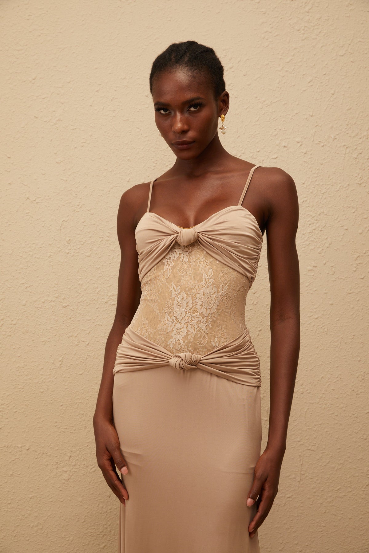Nevaeh Khaki Twisted Lace Panel Maxi Dress
