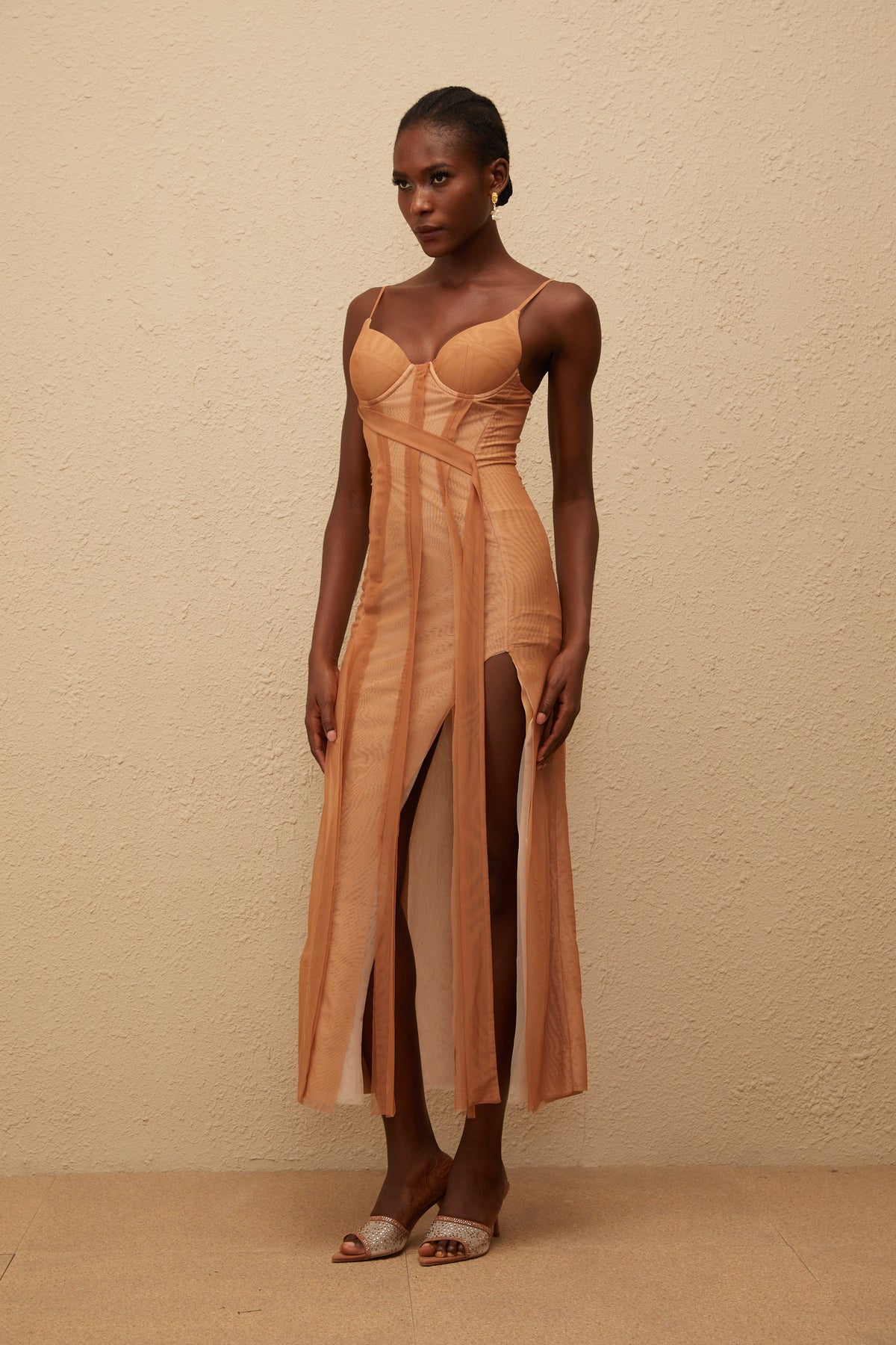 Roxane Brown Asymmetrical Tulle Maxi Dress