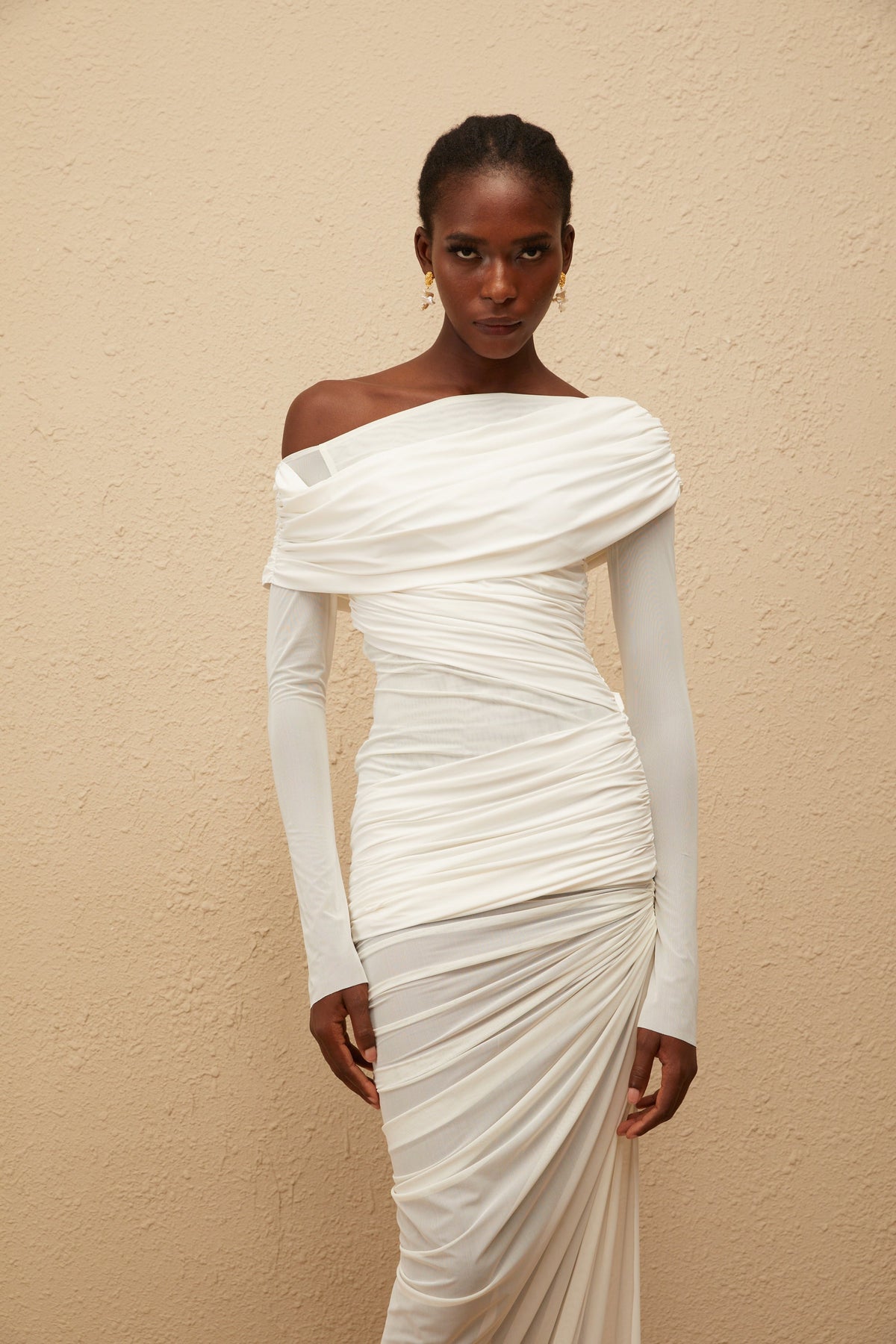 Melanie White Asymmetrical Ruched Mesh Maxi Dress (Final Sale-US Only)