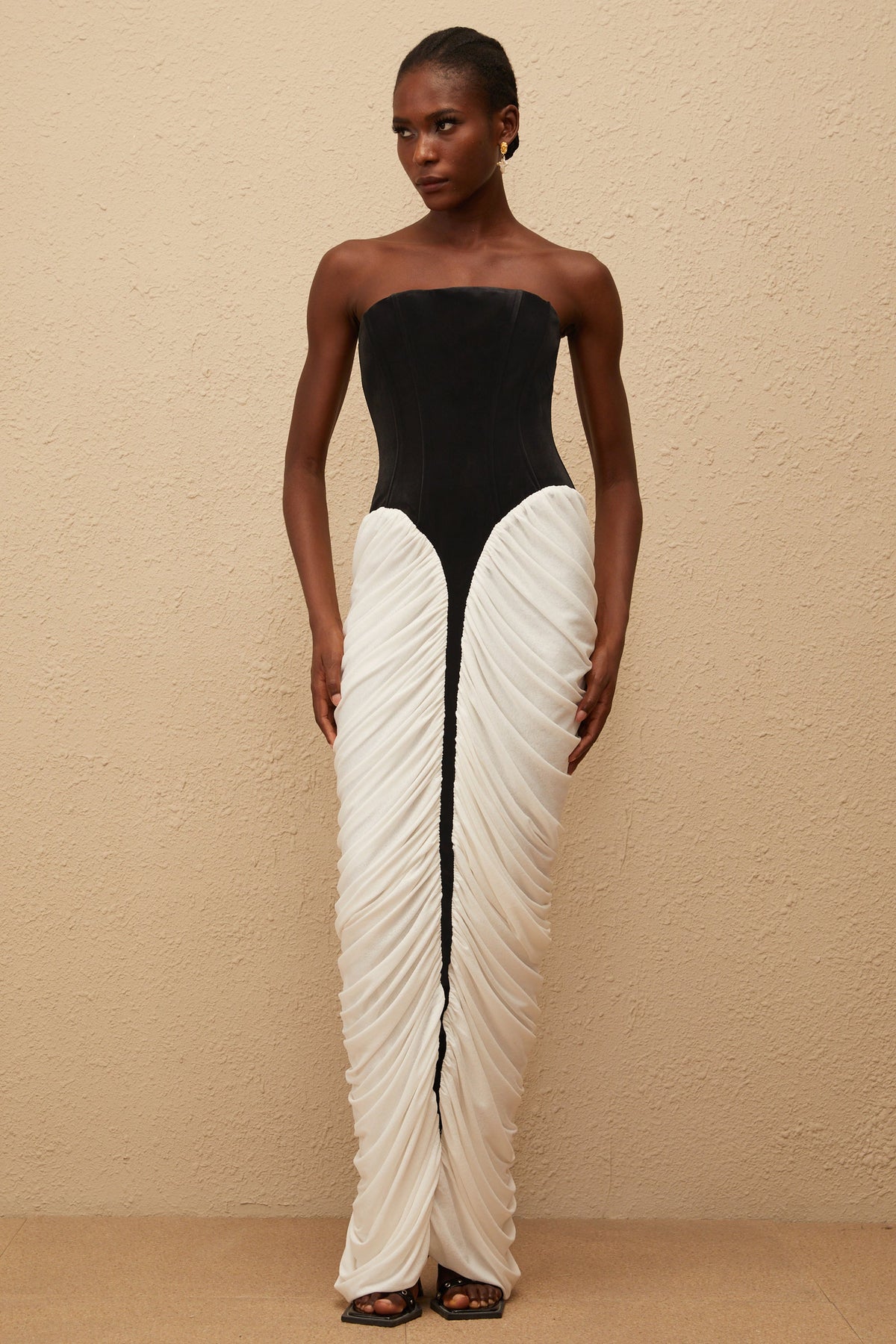 Iris Black Velvet Panel Ruched Maxi Dress