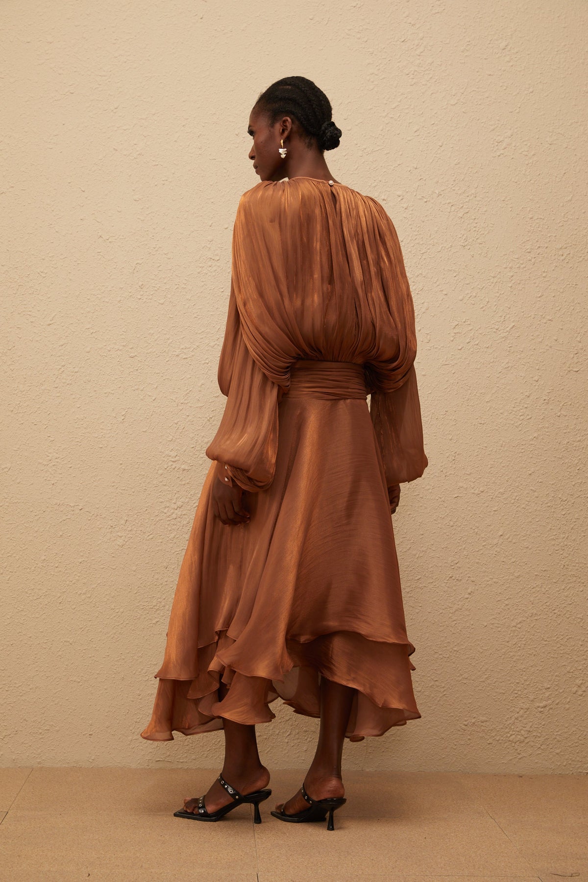 Eugénie Pleated Ruffle Maxi Dress in Brown