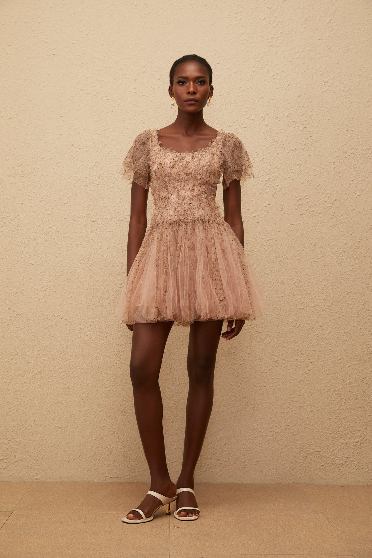 Gaëtane Brown Tulle Panel Lace Mini Dress