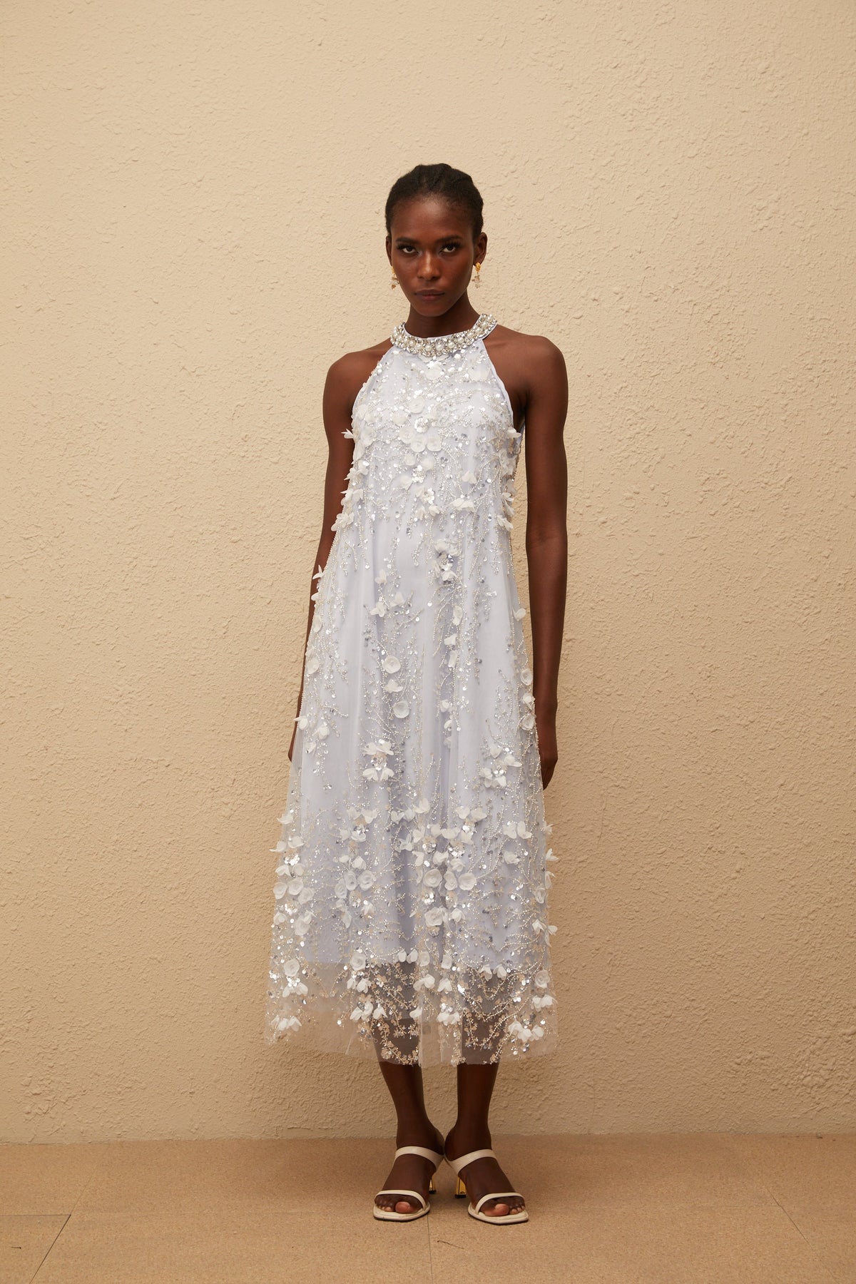Quitterie Blue Embellished Floral Tulle Midi Dress (Final Sale-US Only)