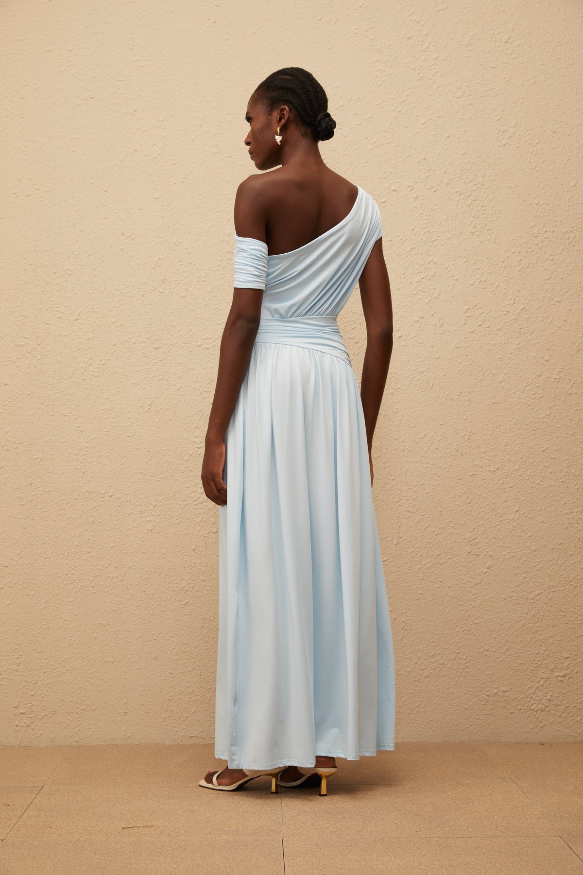 Lueur Blue One Shoulder Ruched Maxi Dress (Final Sale)