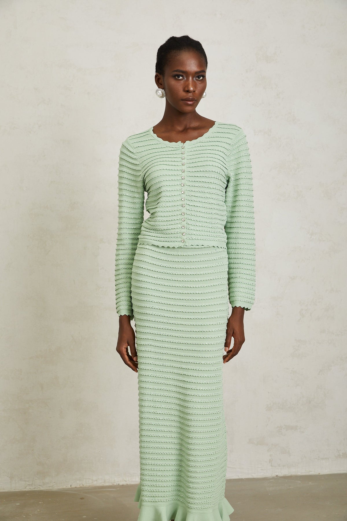 Colette Green Rhinestone Wavy Knit Cardigan & Skirt Set (Final Sale-US Only)