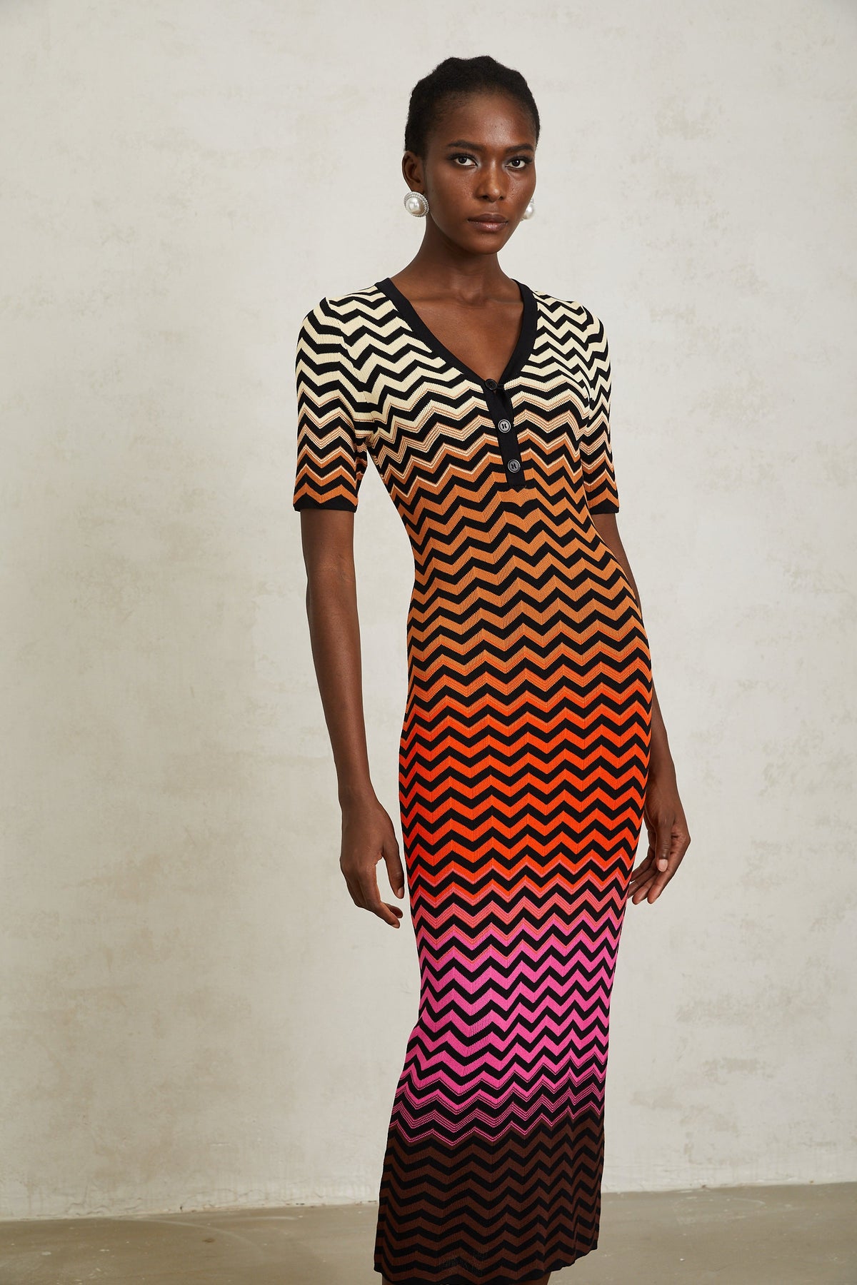 Charitina Brown Gradient Zigzag Knit Midi Dress