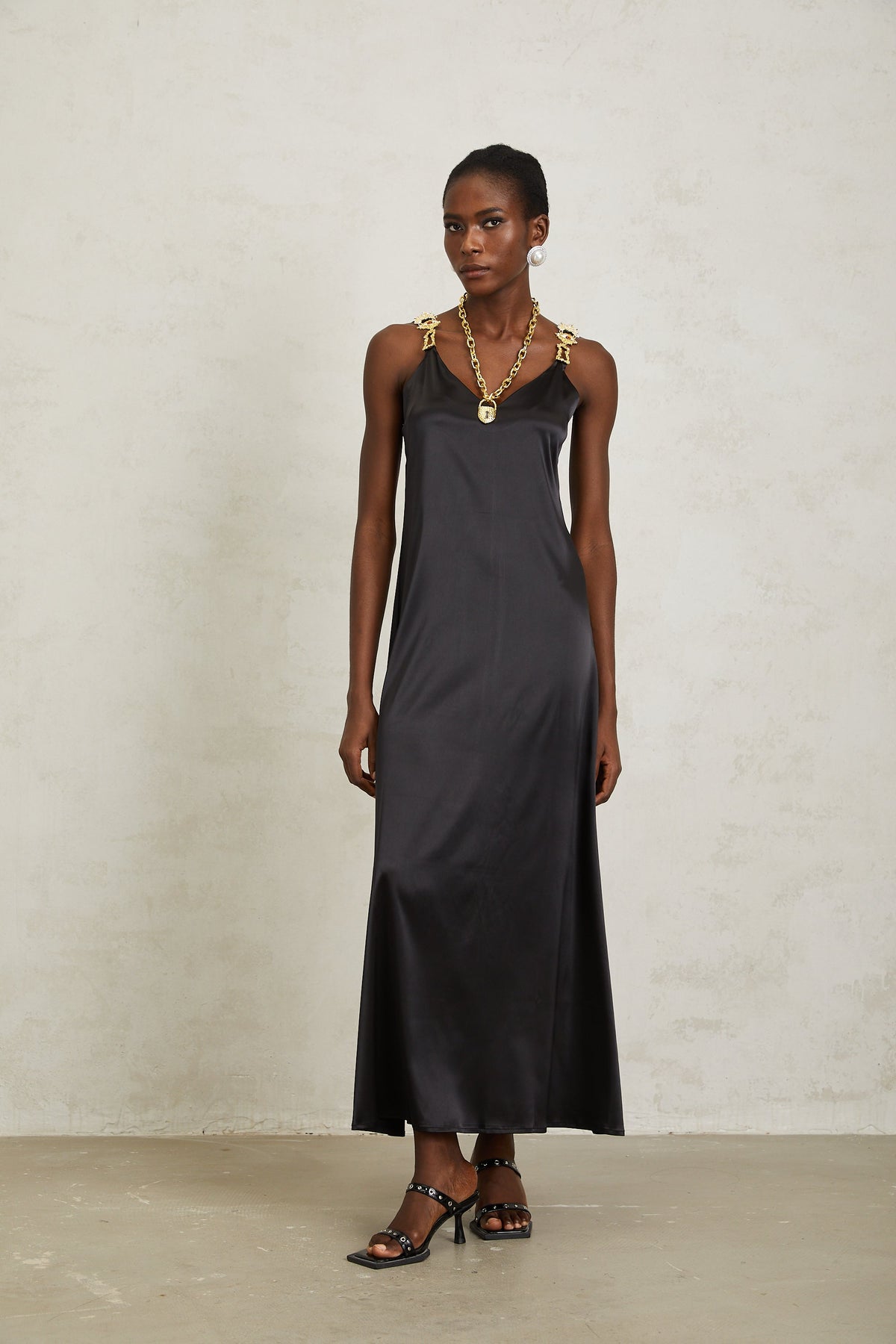 Ysandre Black Chain Detail Satin Midi Dress