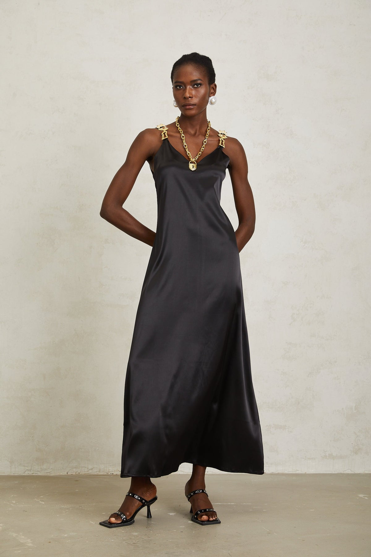Ysandre Black Chain Detail Satin Midi Dress
