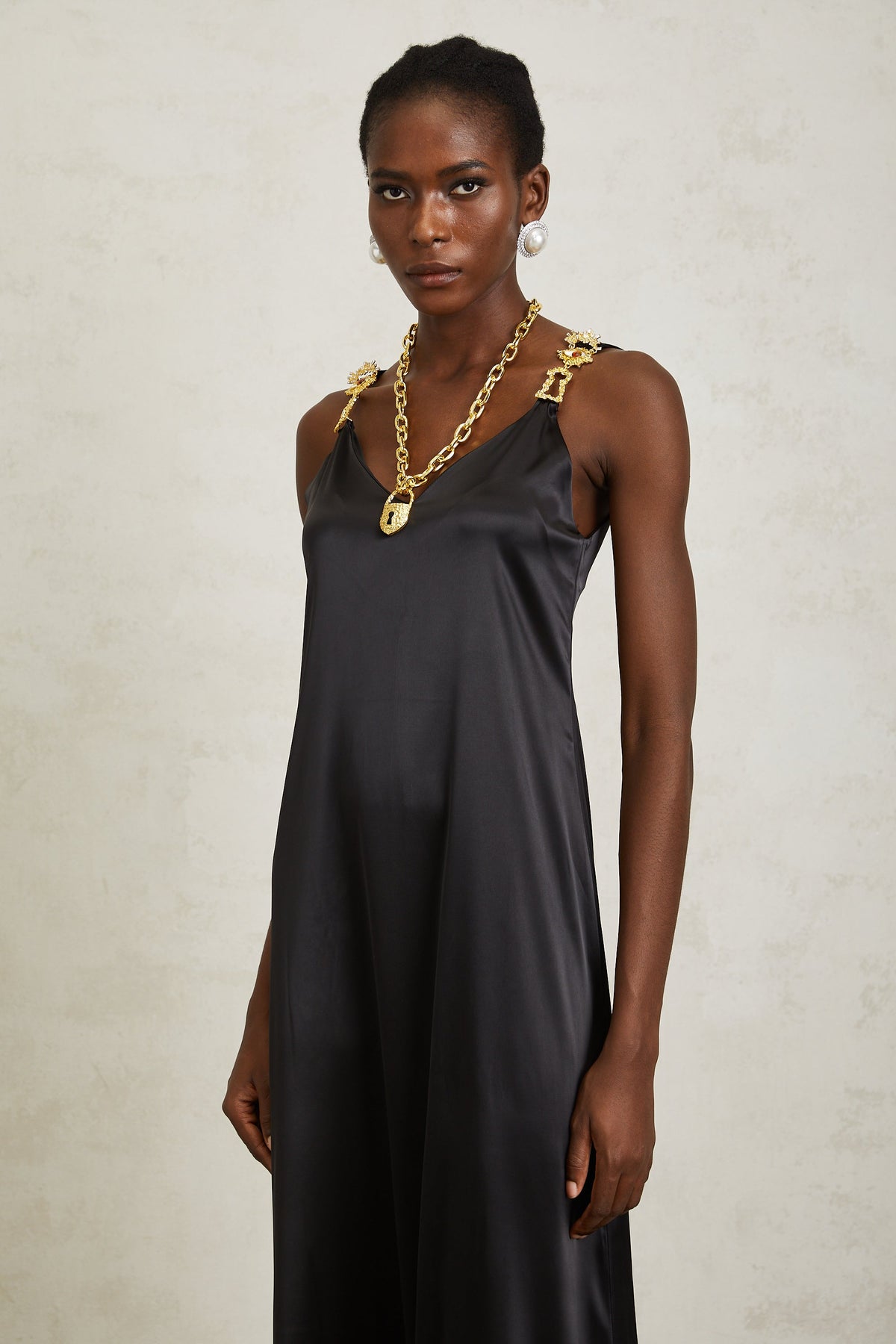 Ysandre Black Chain Detail Satin Midi Dress
