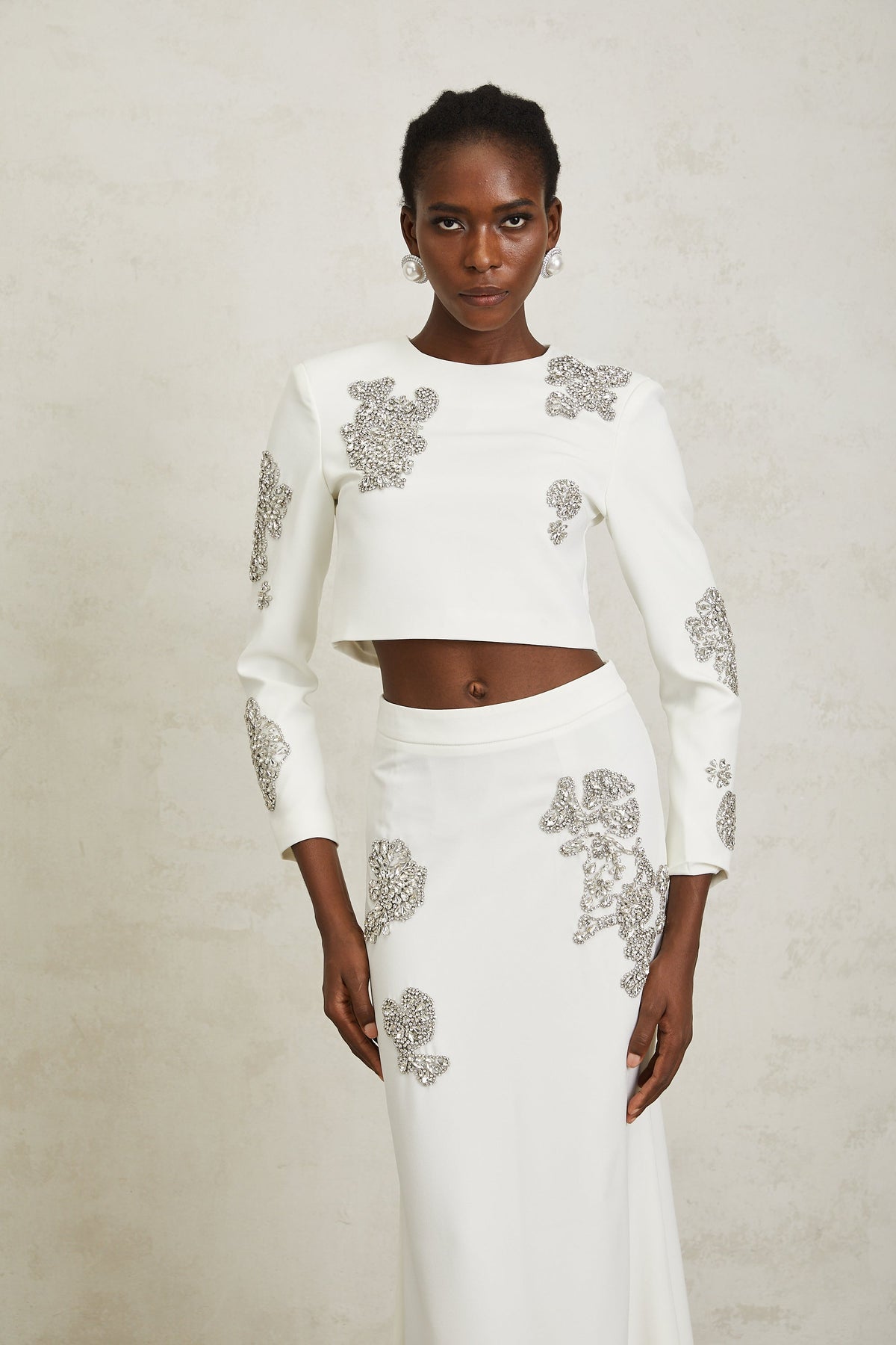 Luna White Crystal Embellished Top & Skirt Set - white