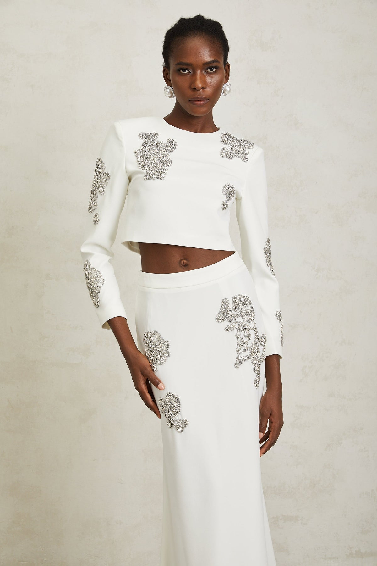 Luna White Crystal Embellished Top & Skirt Set - white