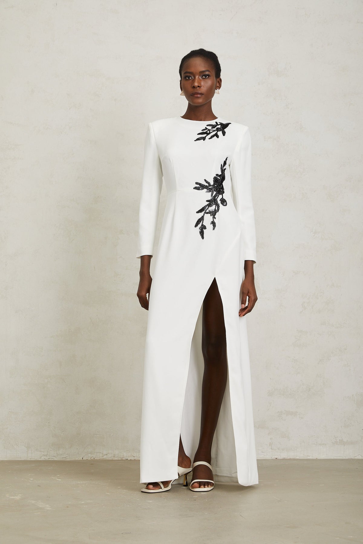 Vanessa White Beaded Floral Appliqué Maxi Dress