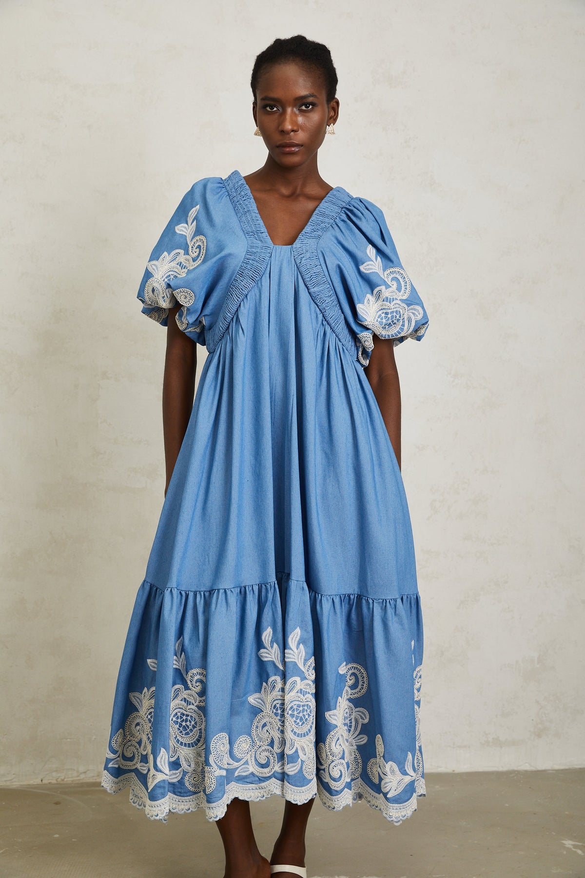 Héloïse Blue Floral Embroidered Shirred Midi Dress
