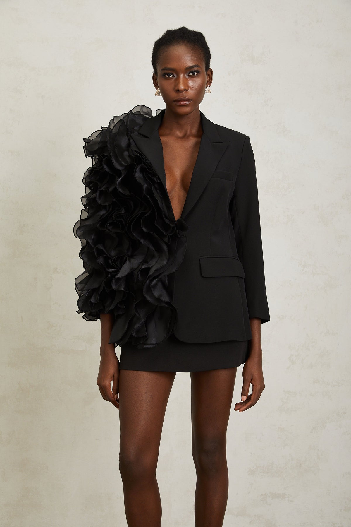 Justine Black Ruffled Tulle Panel Blazer