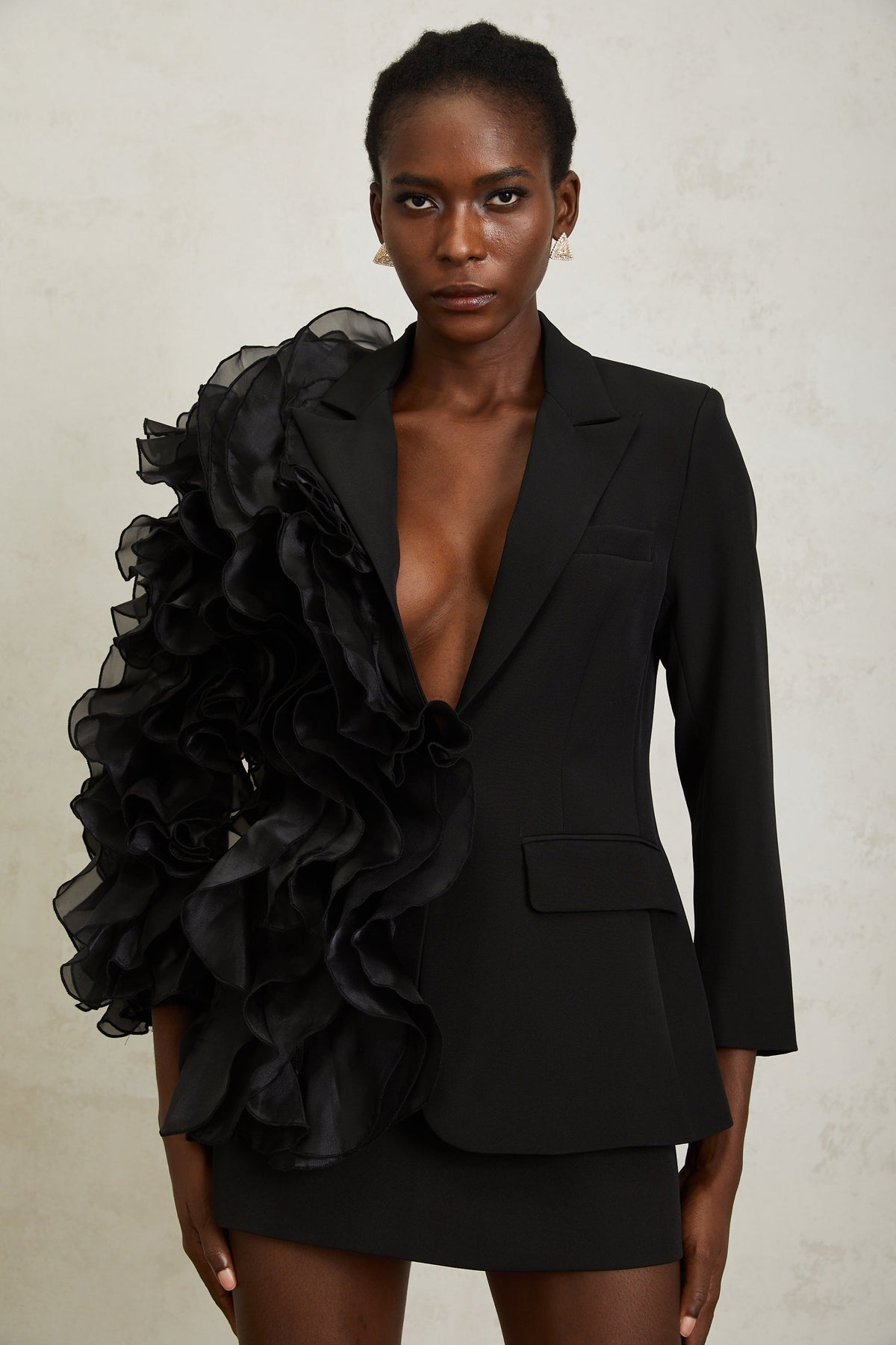 Justine Black Ruffled Tulle Panel Blazer