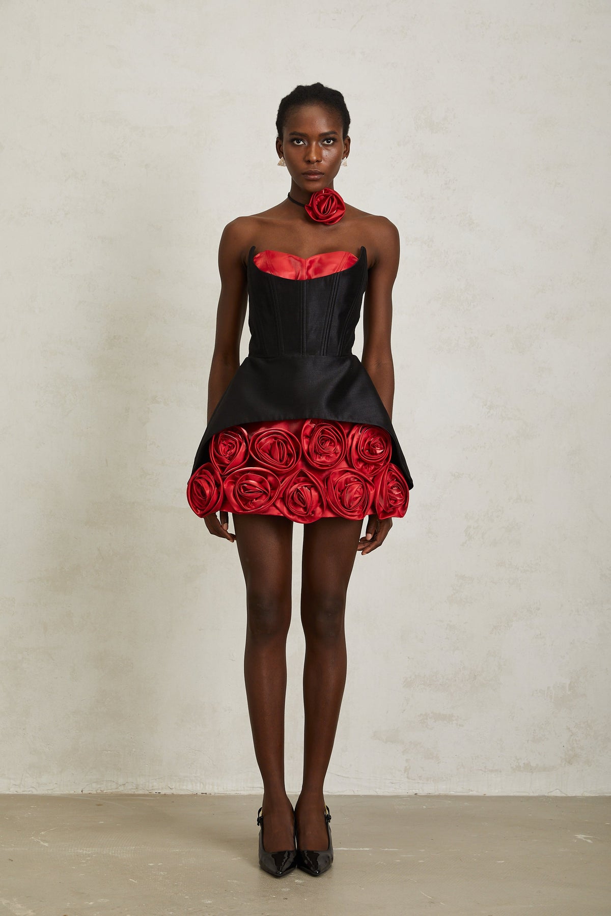 Joaquina Black Rose Appliqué Corset Mini Dress