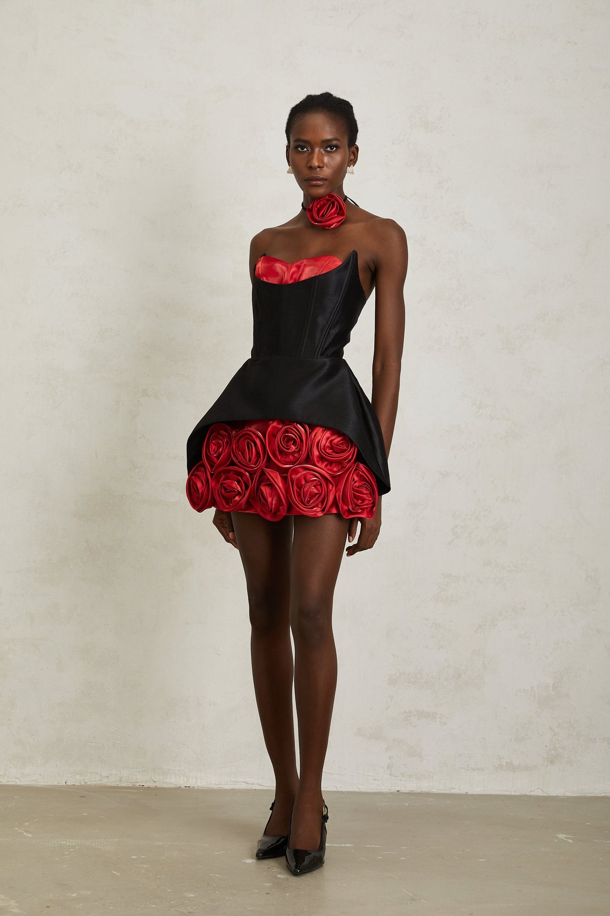 Joaquina Black Rose Appliqué Corset Mini Dress