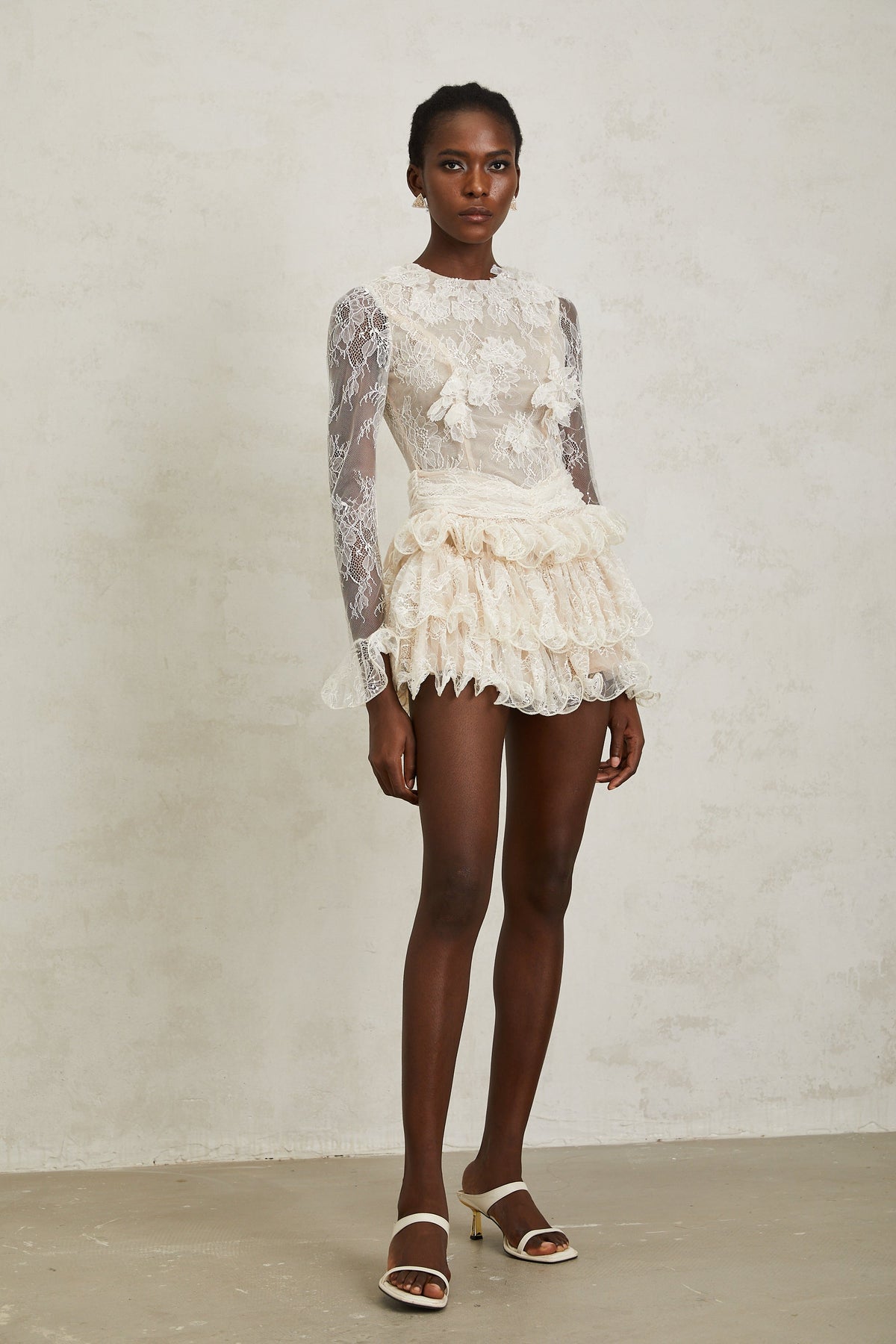 Baptistine White Floral Lace Tiered Mini Dress