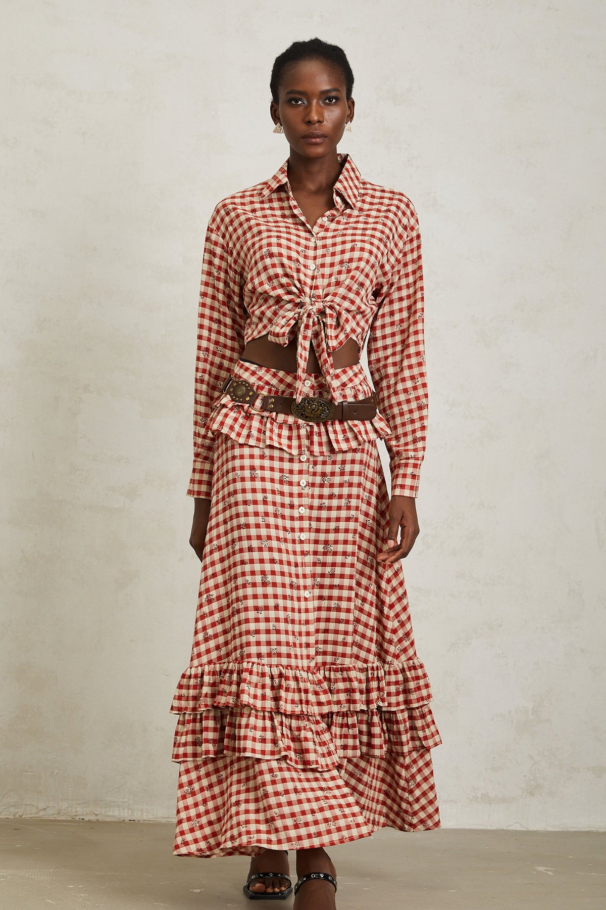 Céline Red Rose Print Plaid Shirt & Skirt Set - red