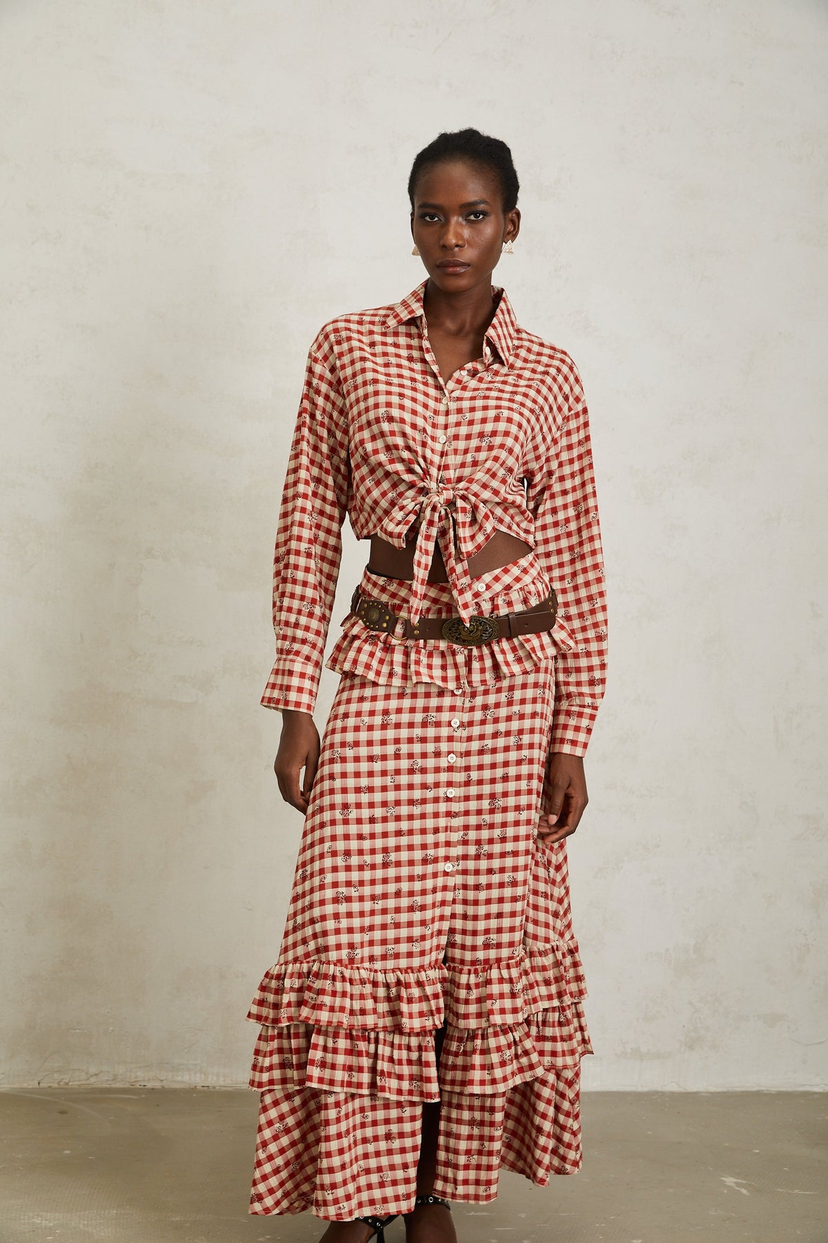 Céline Red Rose Print Plaid Shirt & Skirt Set