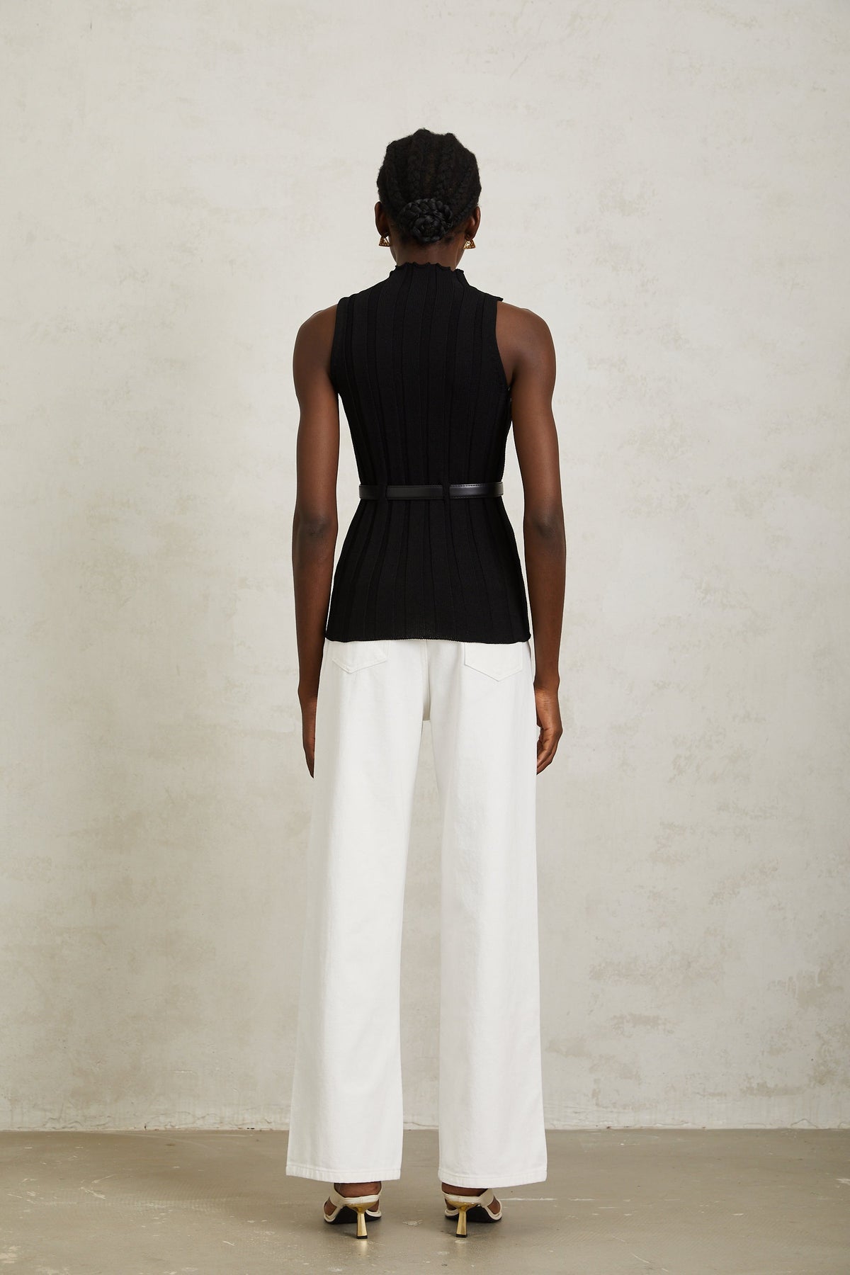 Maelle Black Belted Ribbed Knit Top
