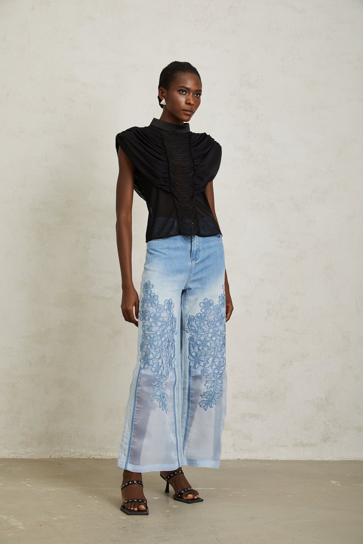 Zazie Black Fringed Ruched Tulle Top
