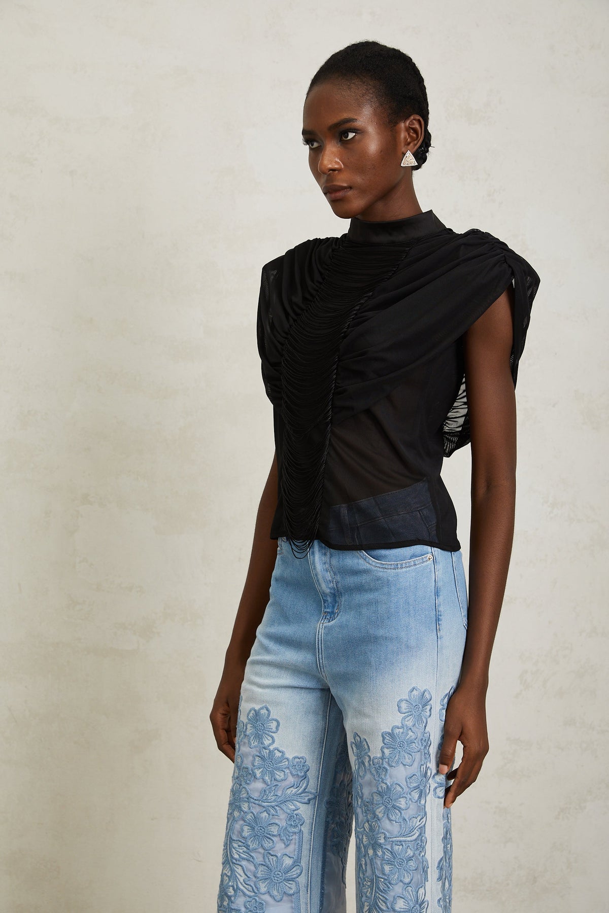 Zazie Black Fringed Ruched Tulle Top