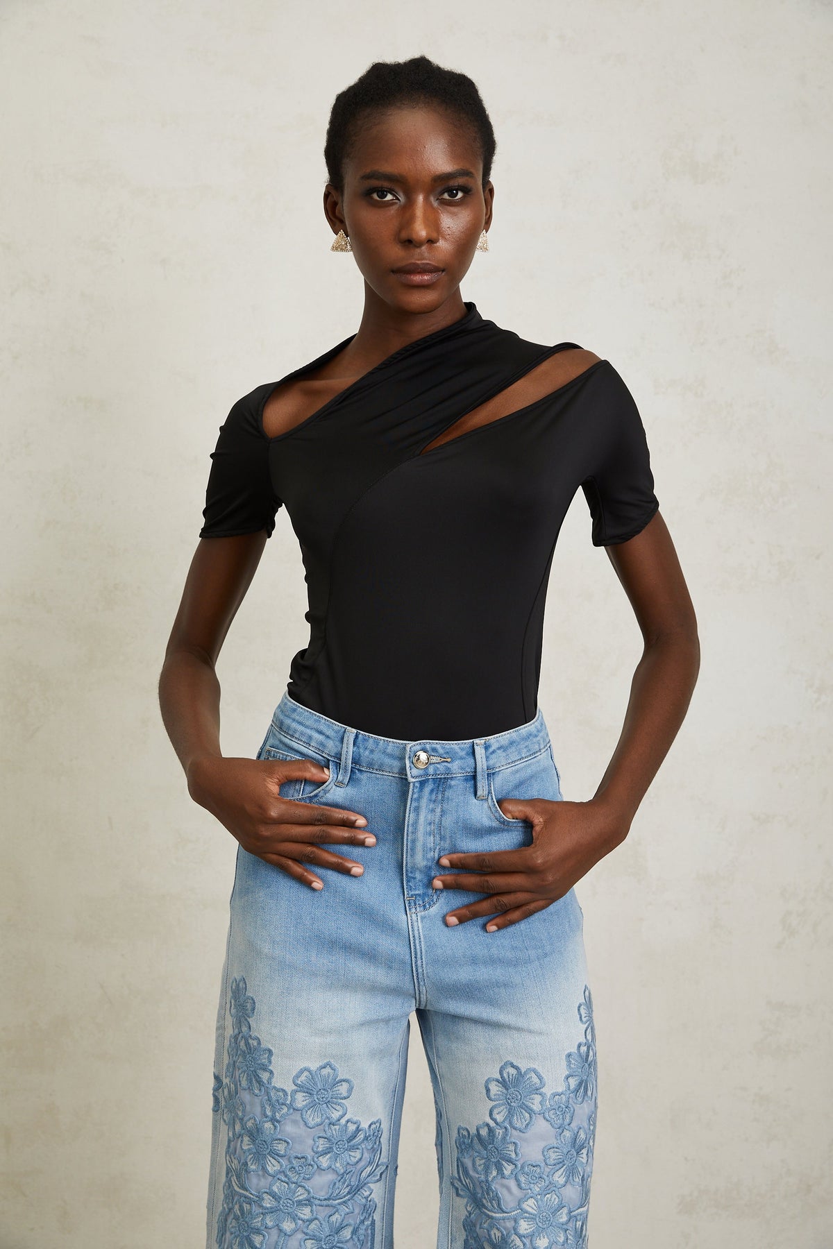 Carlota Black Asymmetrical Cut Out Bodysuit (Final Sale)