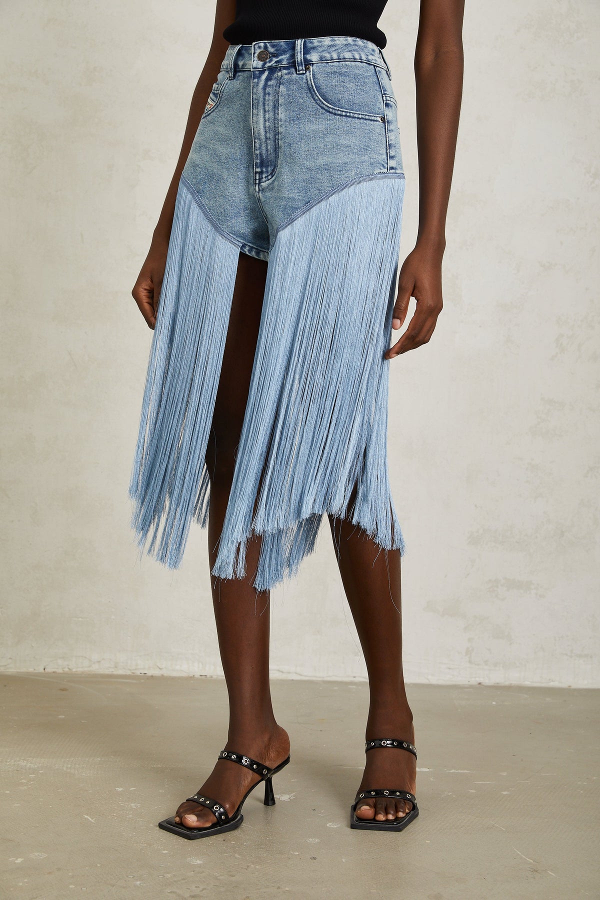 Martina Blue Fringed Panel Denim Shorts
